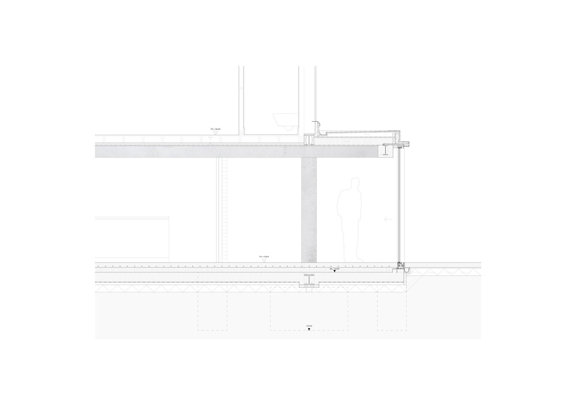 Section drawing showing horizontal beam and column connections with floor slab detail