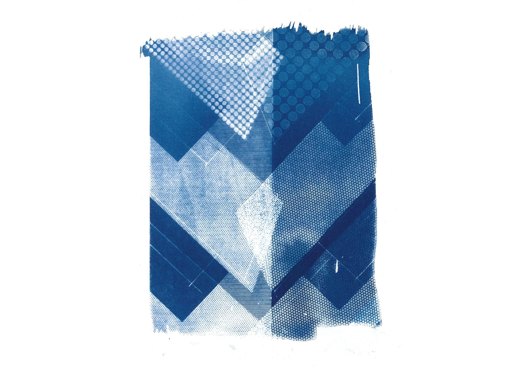 Collaged cyanotype print showing overlapping geometric facade patterns in shades of blue