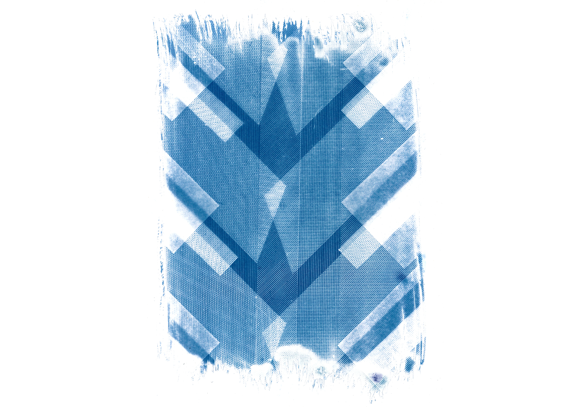 Cyanotype print depicting a symmetrical arrangement of overlapping architectural forms in blue tones