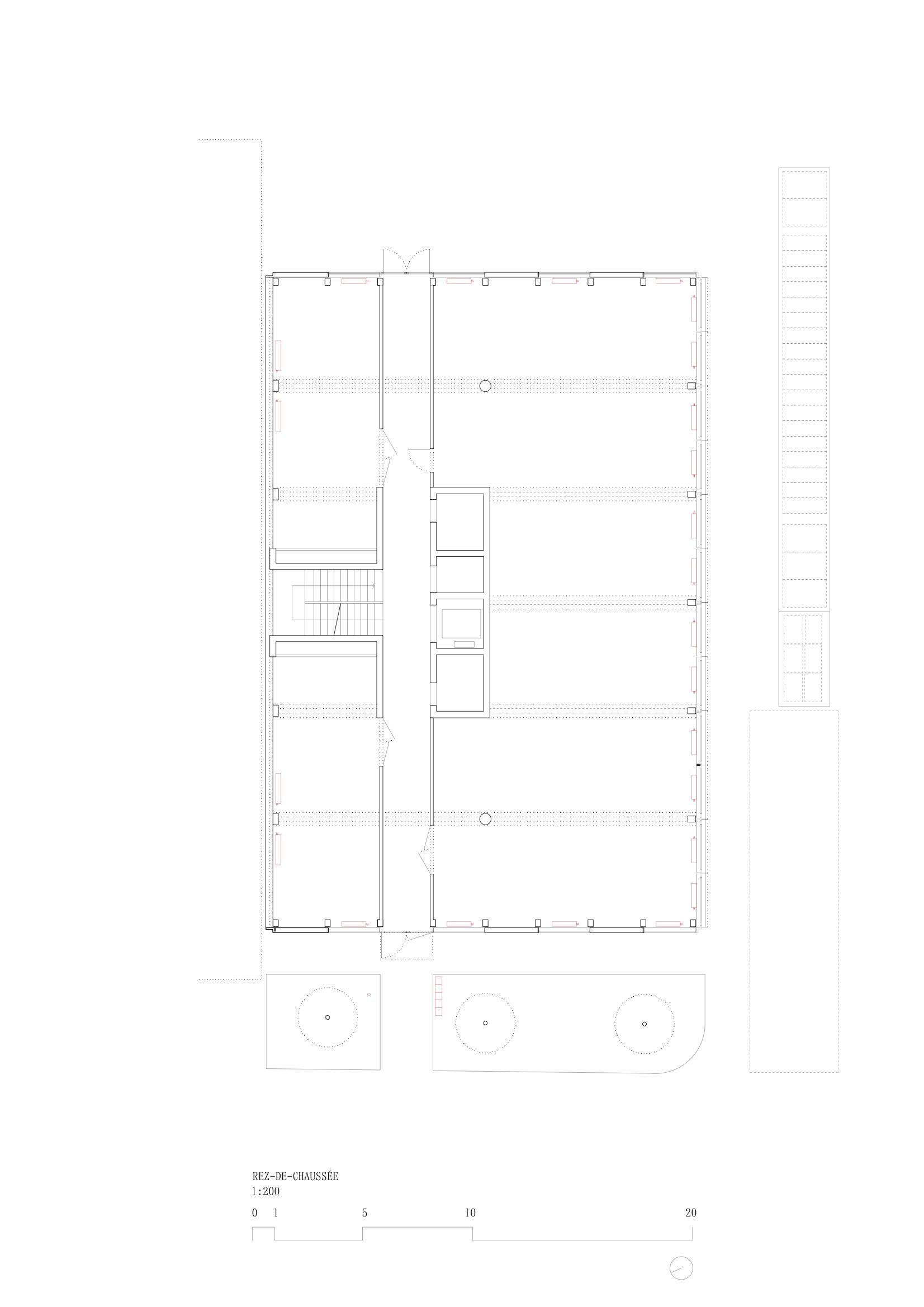 Floor plan drawing showing a rectangular layout with central stair and circulation spine