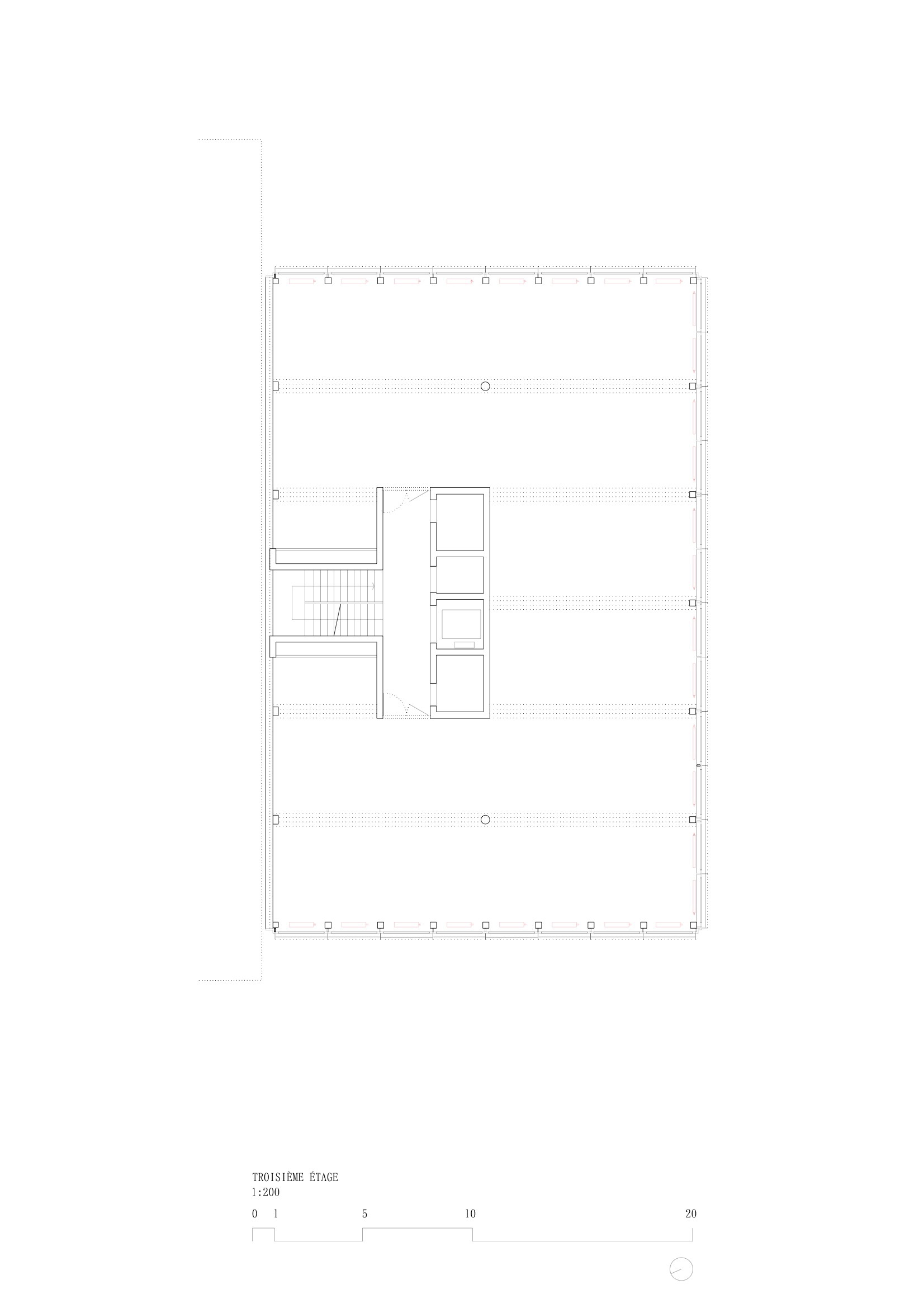 Floor plan drawing showing a central stair and elevator core with open space surrounding it