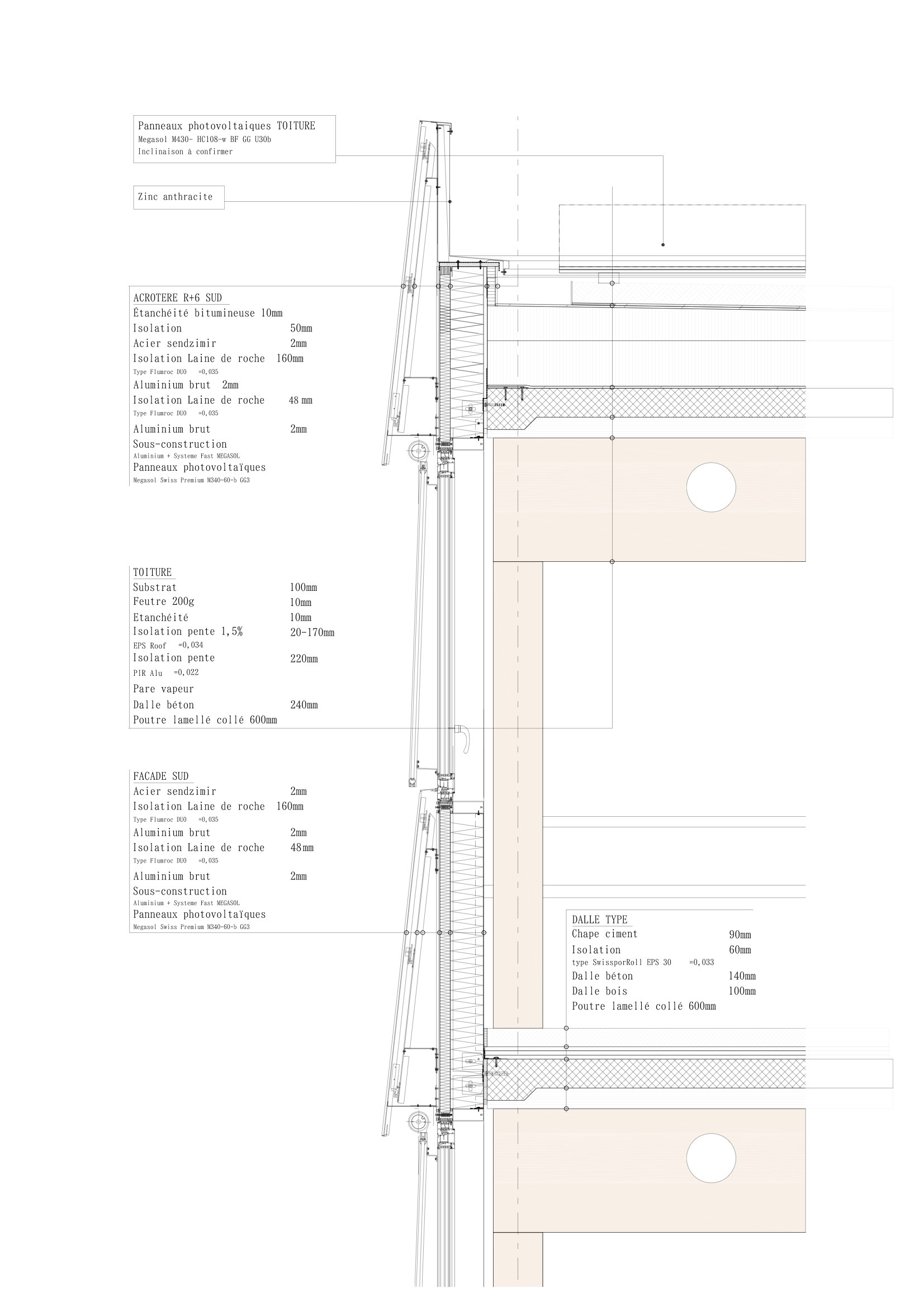 Detail section drawing showing facade assembly with insulation layers and structural connections annotated in French