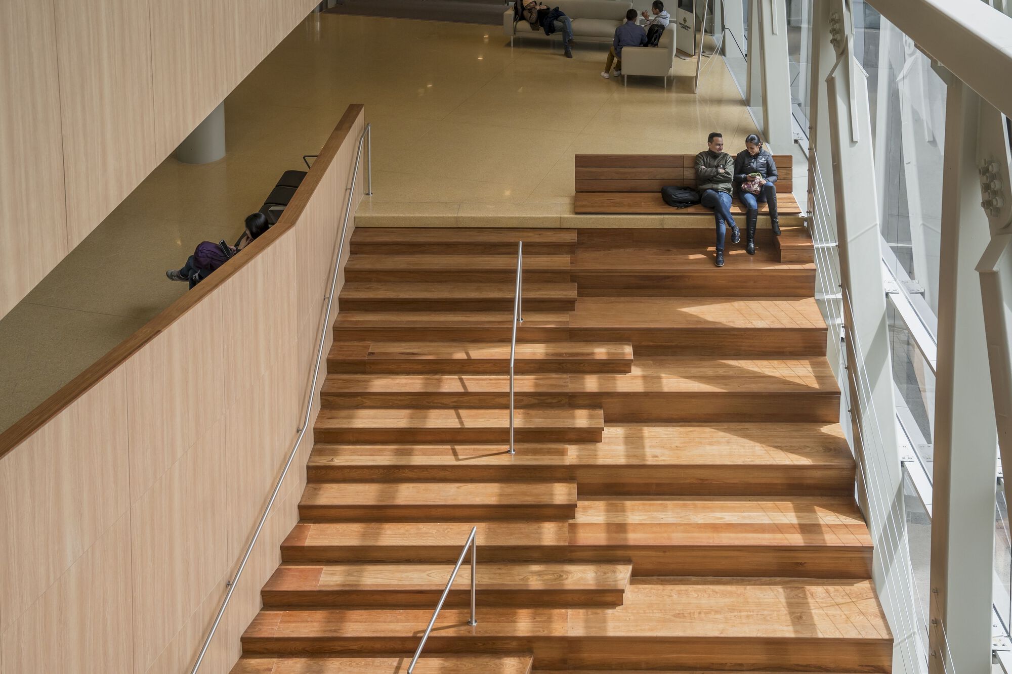 Wide timber staircase with stepped seating and people sitting in sunlight from the glazed facade