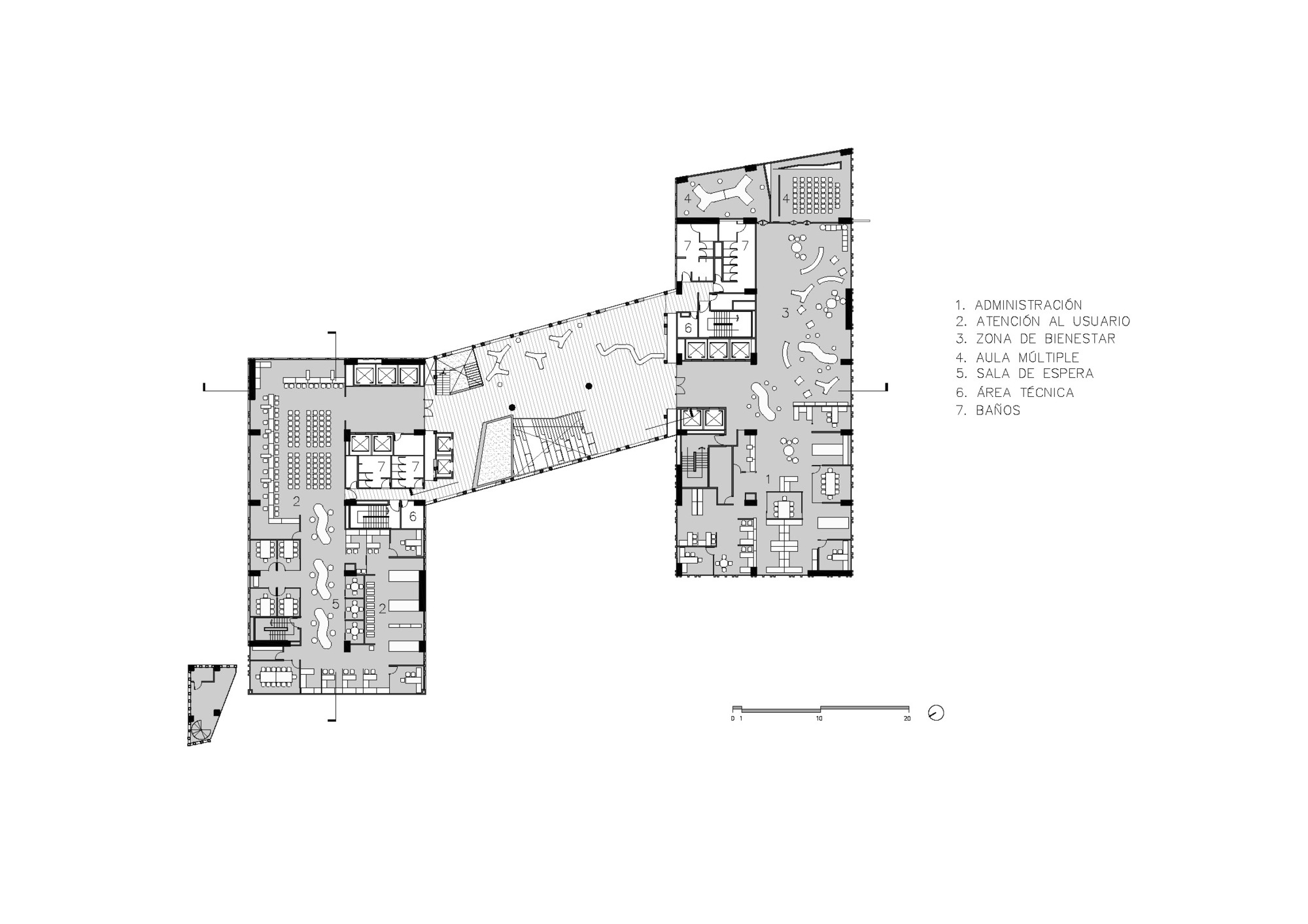 Upper level floor plan drawing showing angular corridors connecting multipurpose and administrative spaces