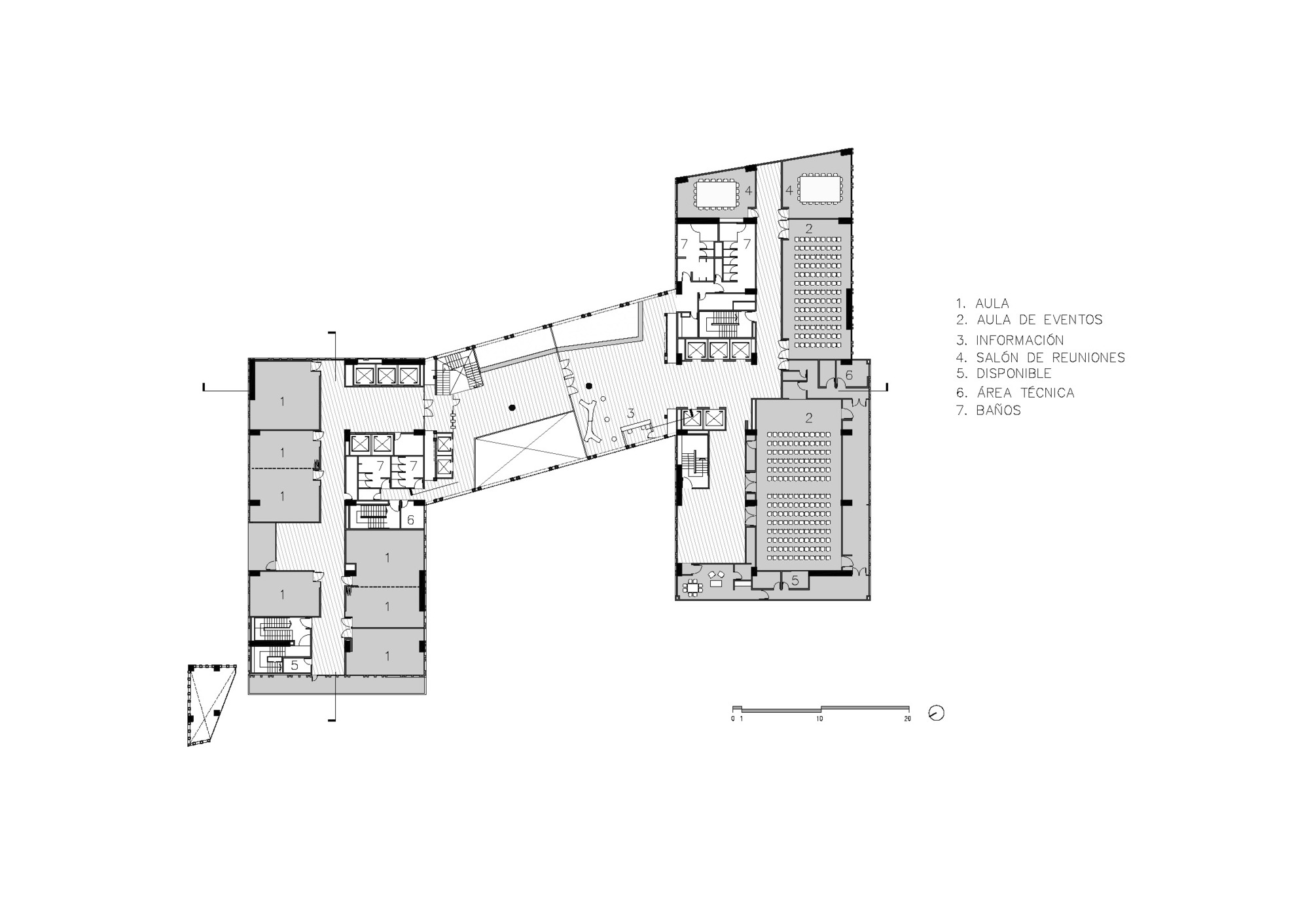 Floor plan drawing showing L-shaped wing with classrooms and a large gridded event hall