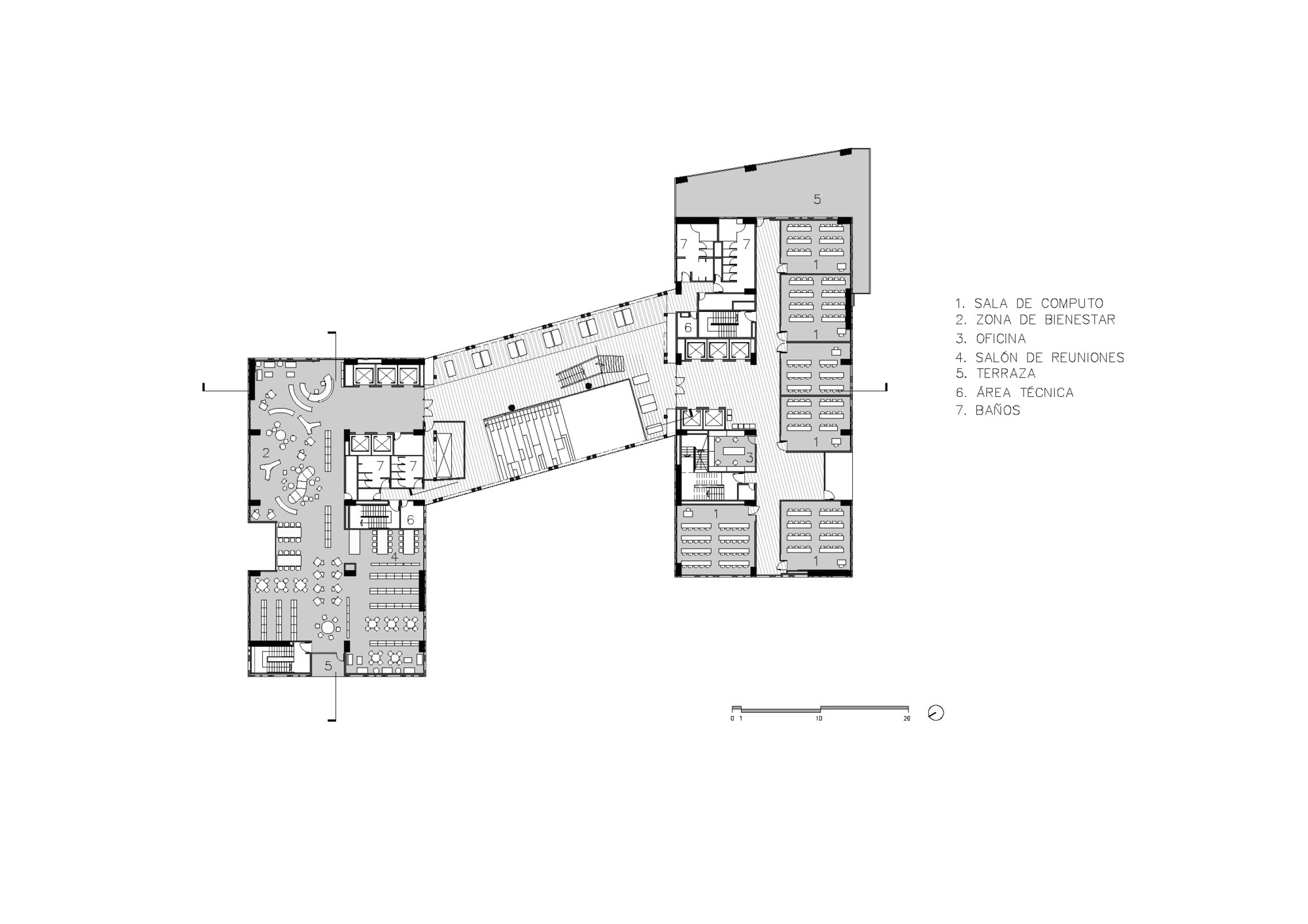Floor plan drawing showing two rectangular wings connected by an angled central circulation spine