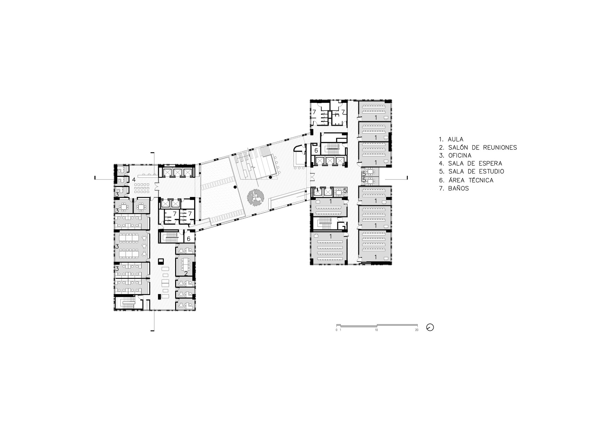 Floor plan drawing showing two wings joined by a diagonal corridor with a central courtyard