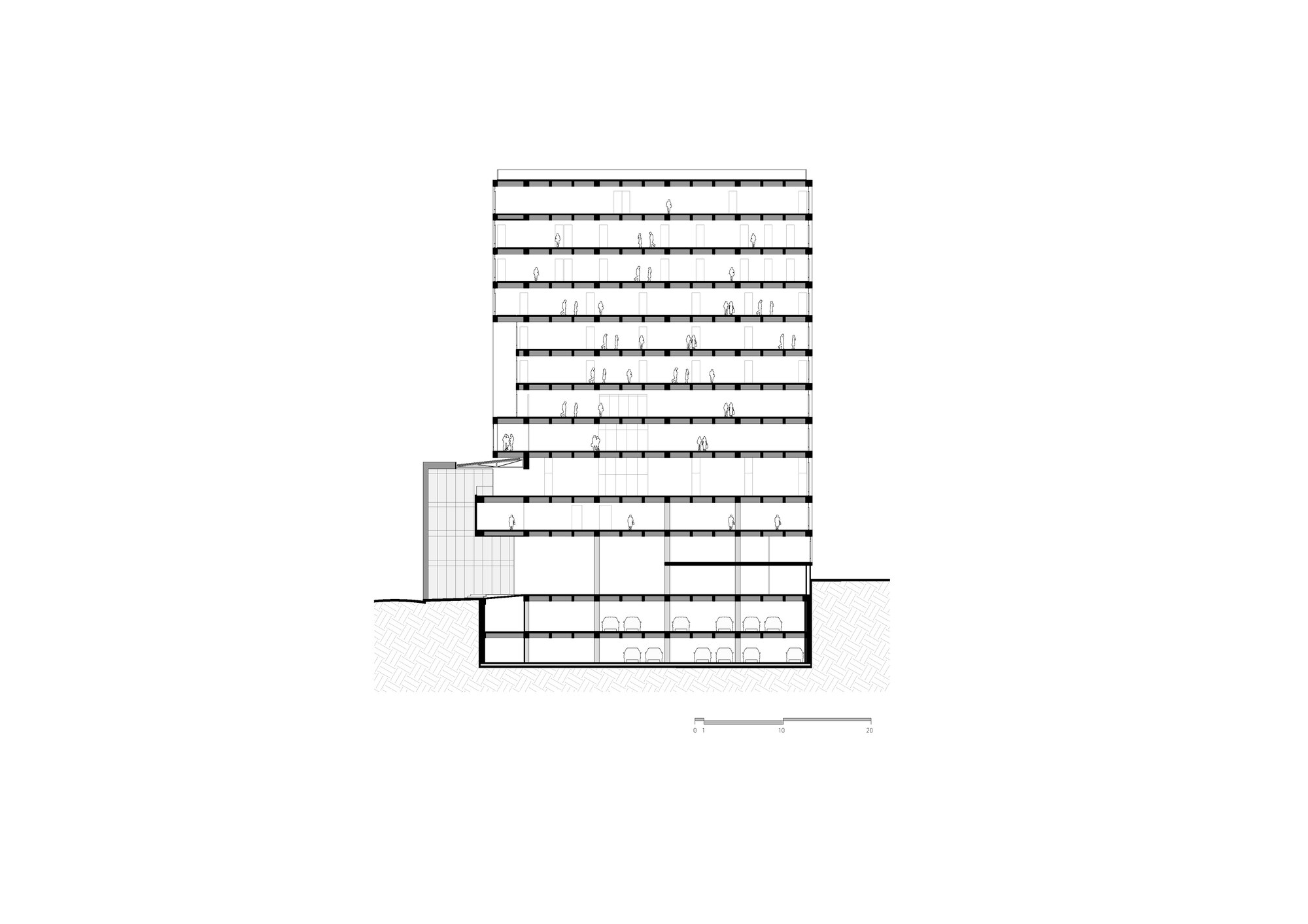 Elevation drawing of a tower with horizontal ribbon windows and a lower attached volume