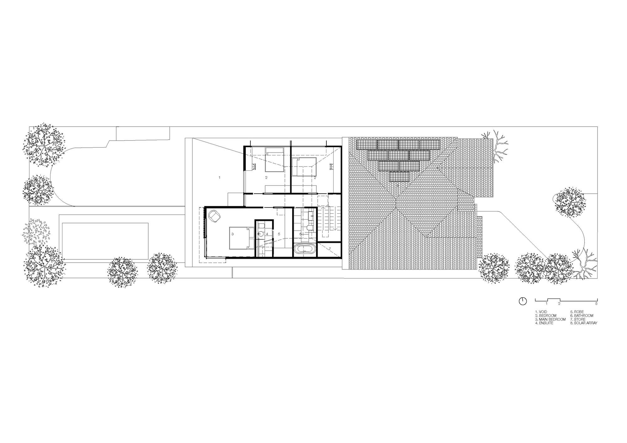 Upper floor plan drawing showing bedroom zones and a rooftop terrace with hatched paving