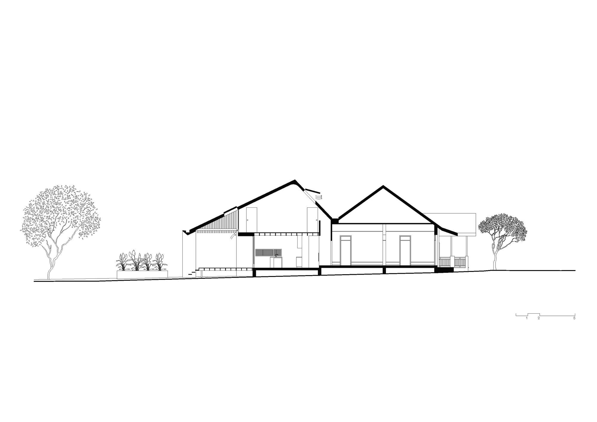 Elevation drawing showing two gabled volumes with flanking trees and ground line