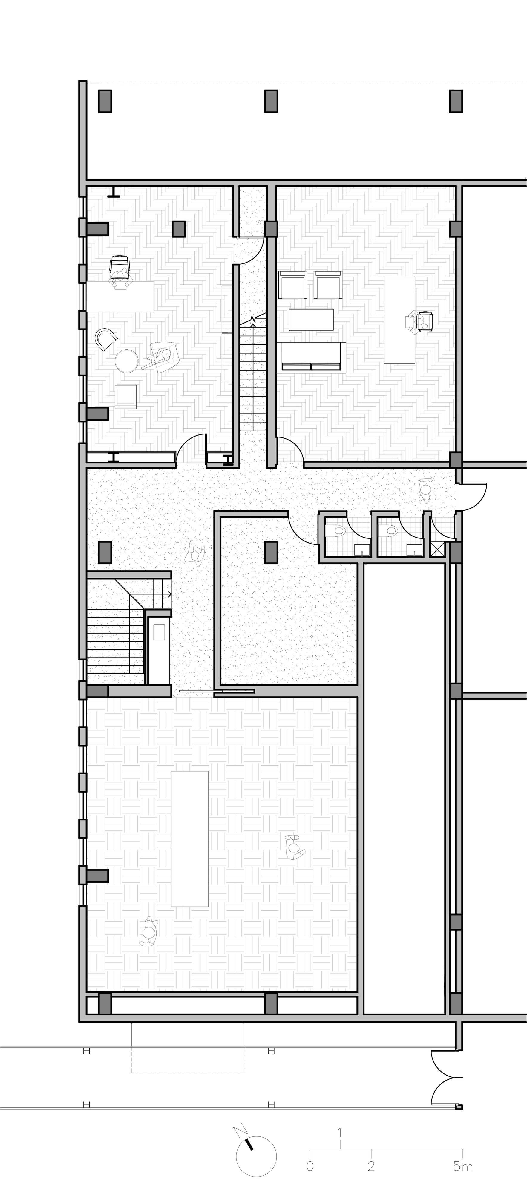 Upper floor plan drawing showing living spaces, bathroom core, and stairwell connecting multiple levels