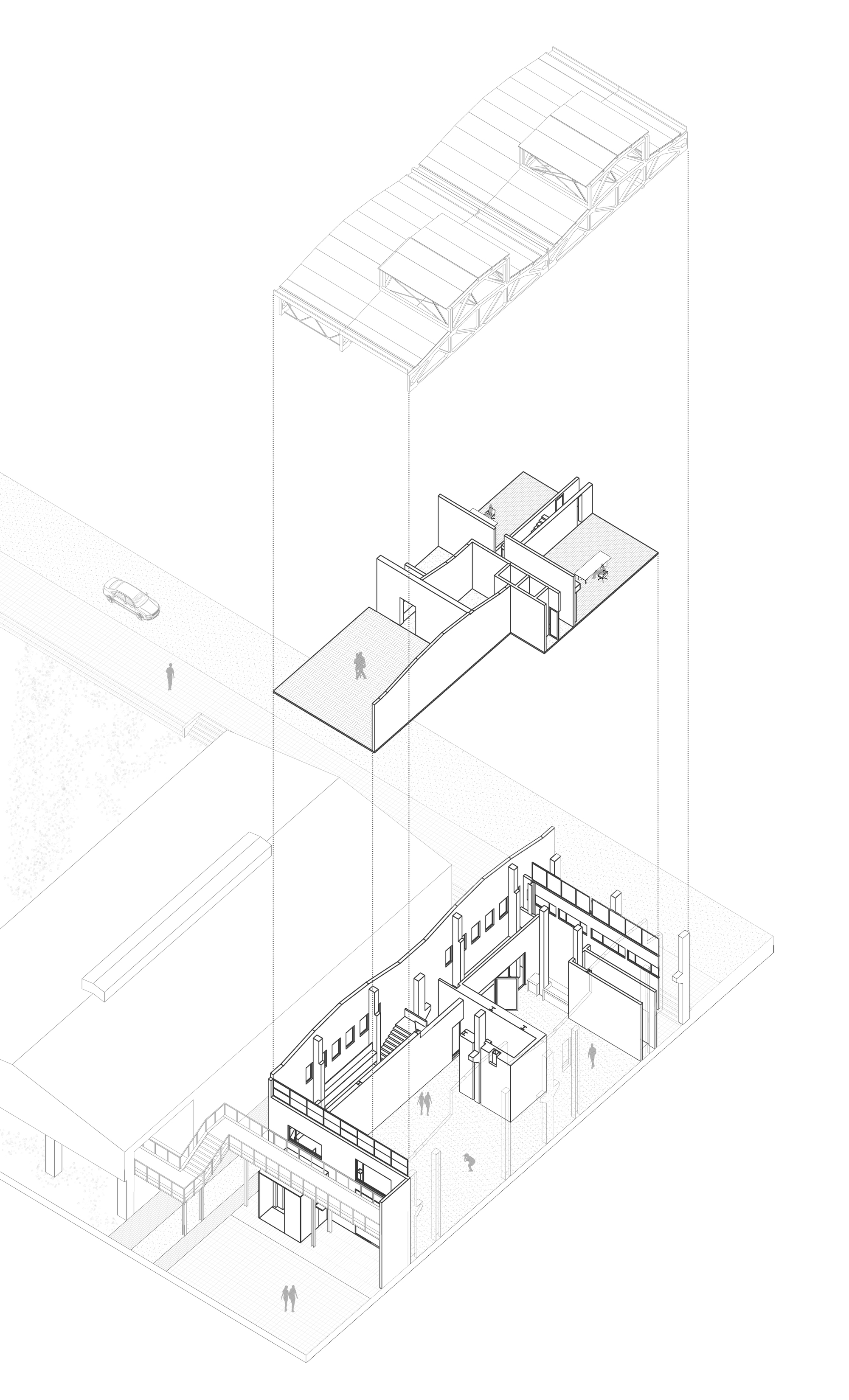Exploded axonometric drawing showing three stacked floors, roof structure, and adjacent outdoor spaces