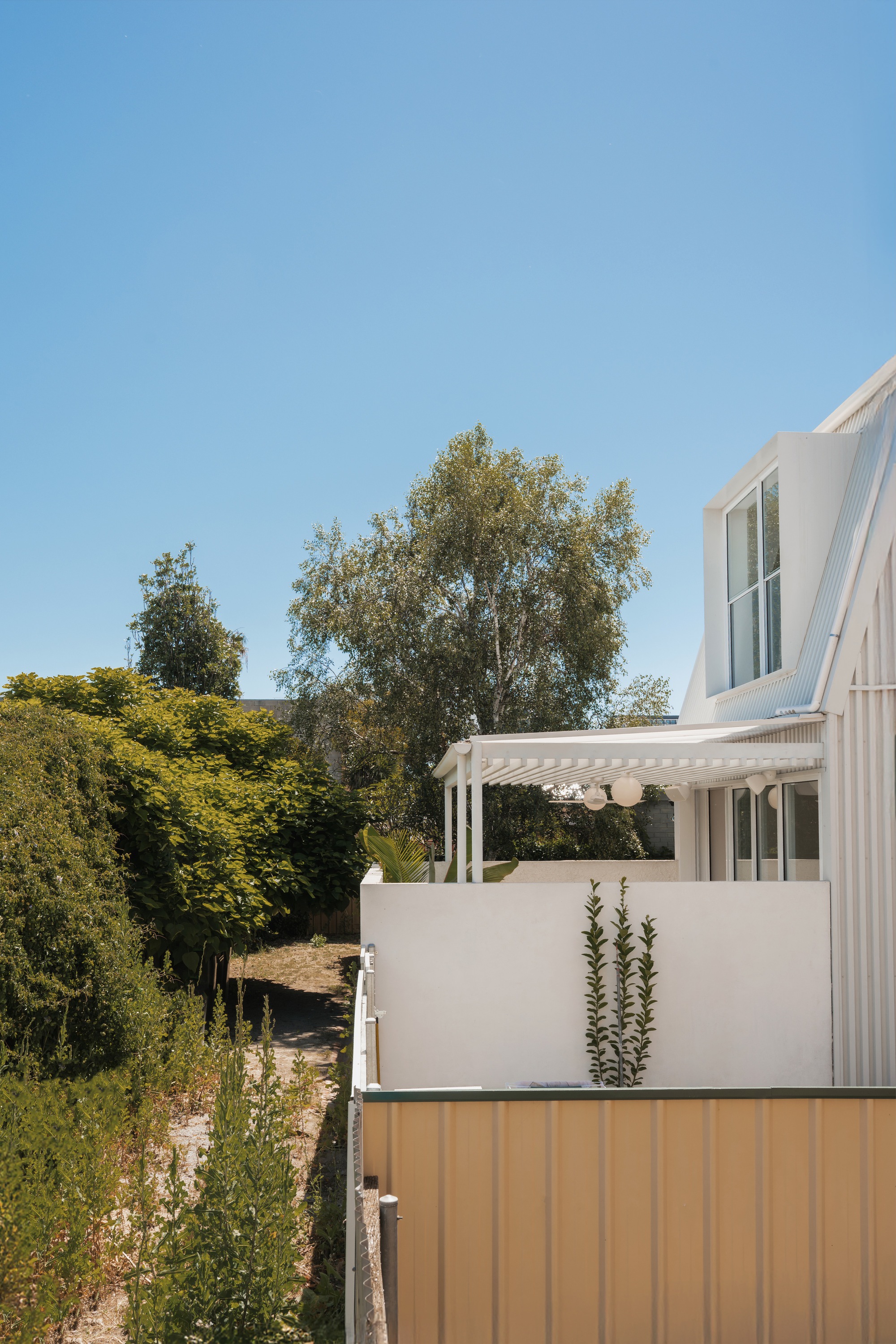 Side elevation showing the white pergola and corrugated metal fence against tall trees in afternoon light