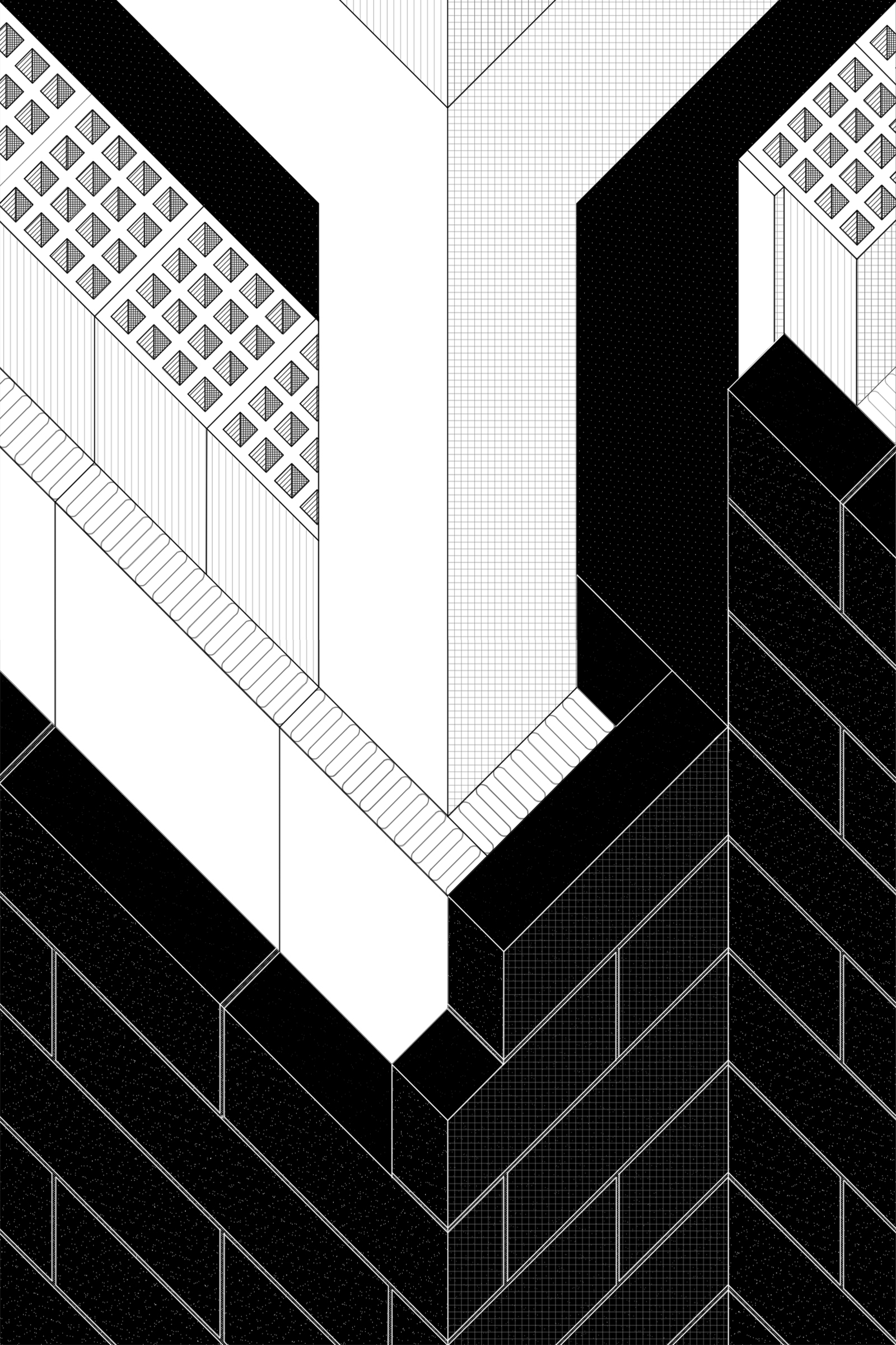 Axonometric drawing depicting a staircase connecting multiple floors with patterned screening and volumetric voids