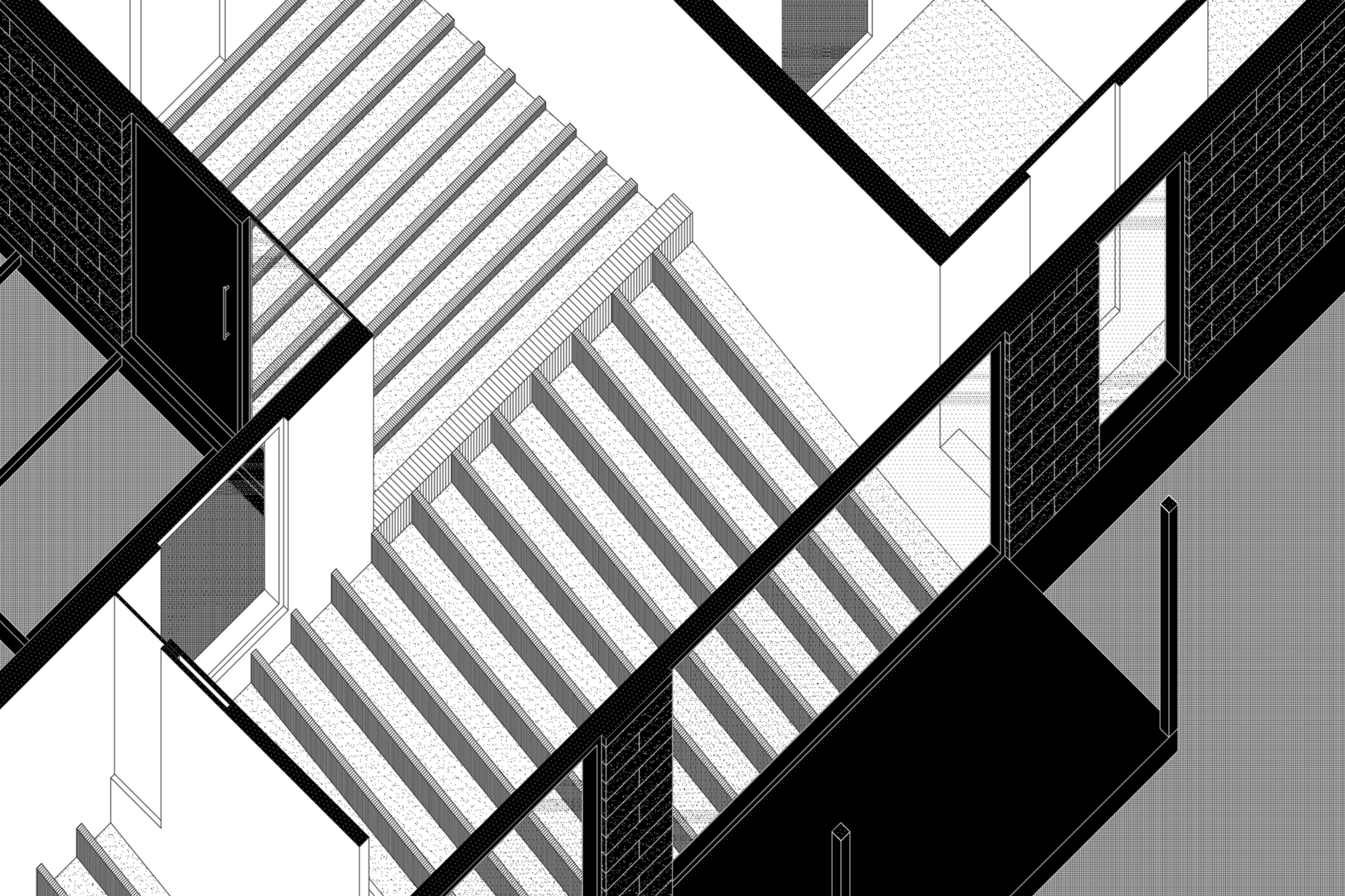 Axonometric drawing showing an angled staircase with open treads and surrounding textured wall surfaces