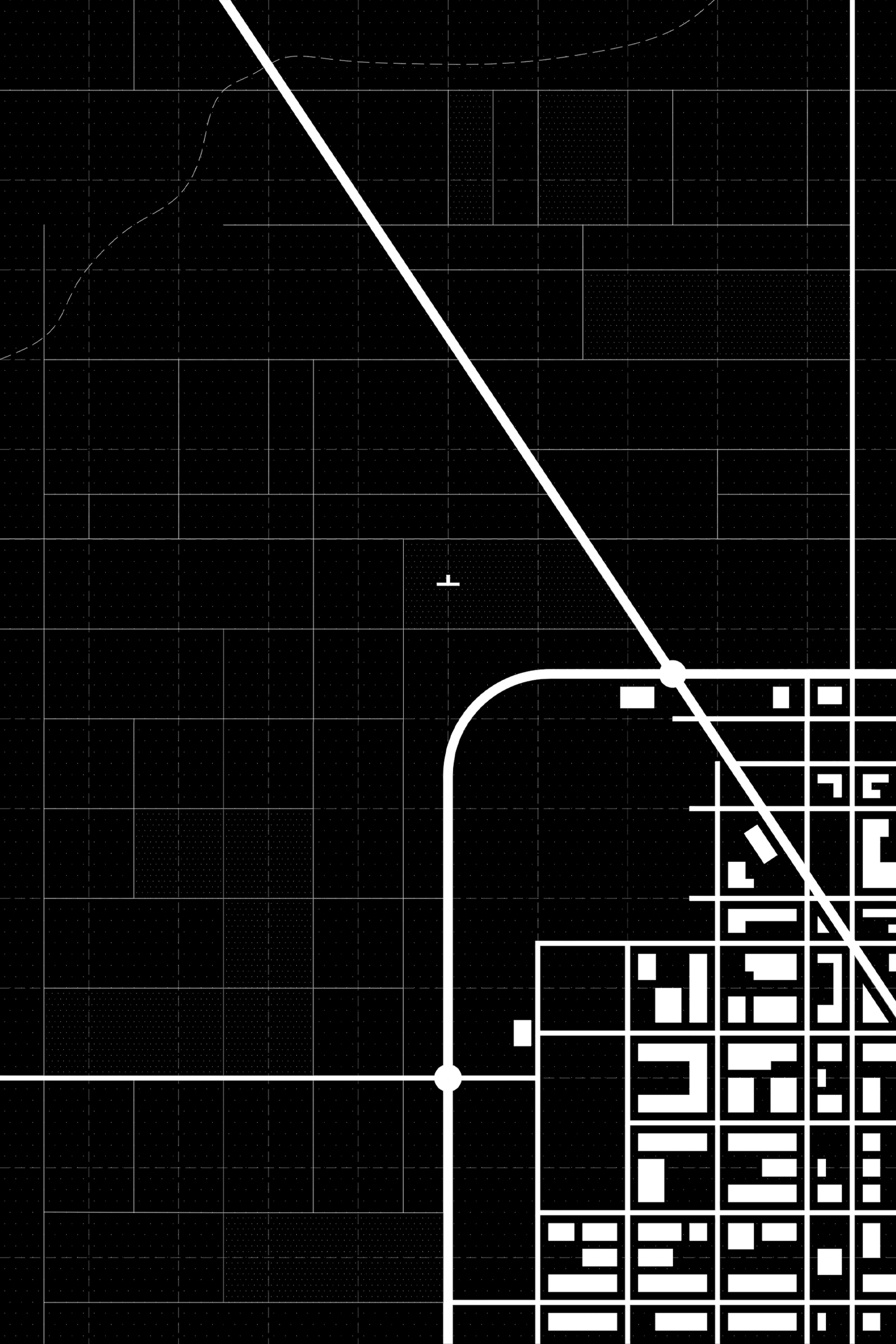 Site plan drawing showing a diagonal road intersecting a curved path near clustered building footprints