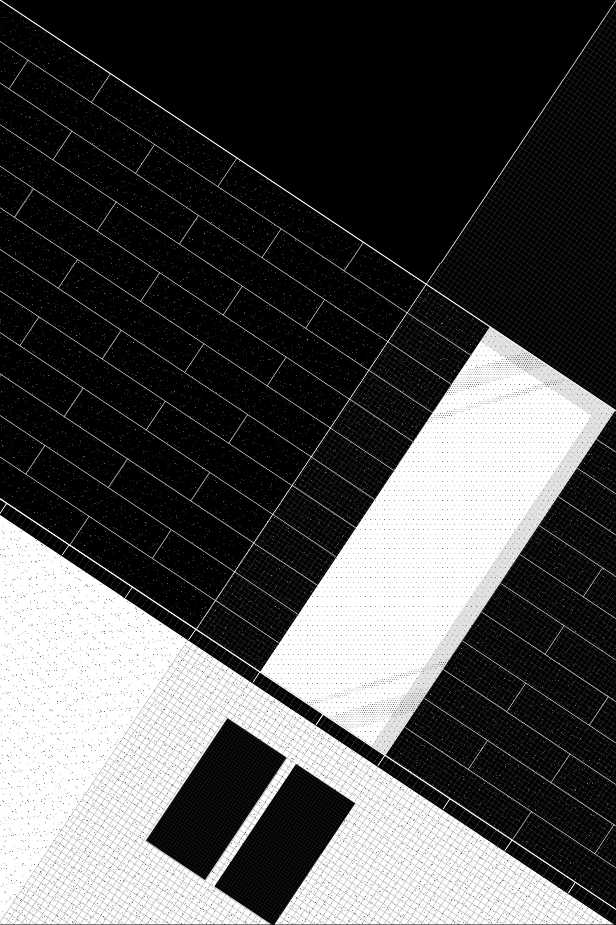 Aerial view of dark brick paving with white concrete volumes casting sharp shadows