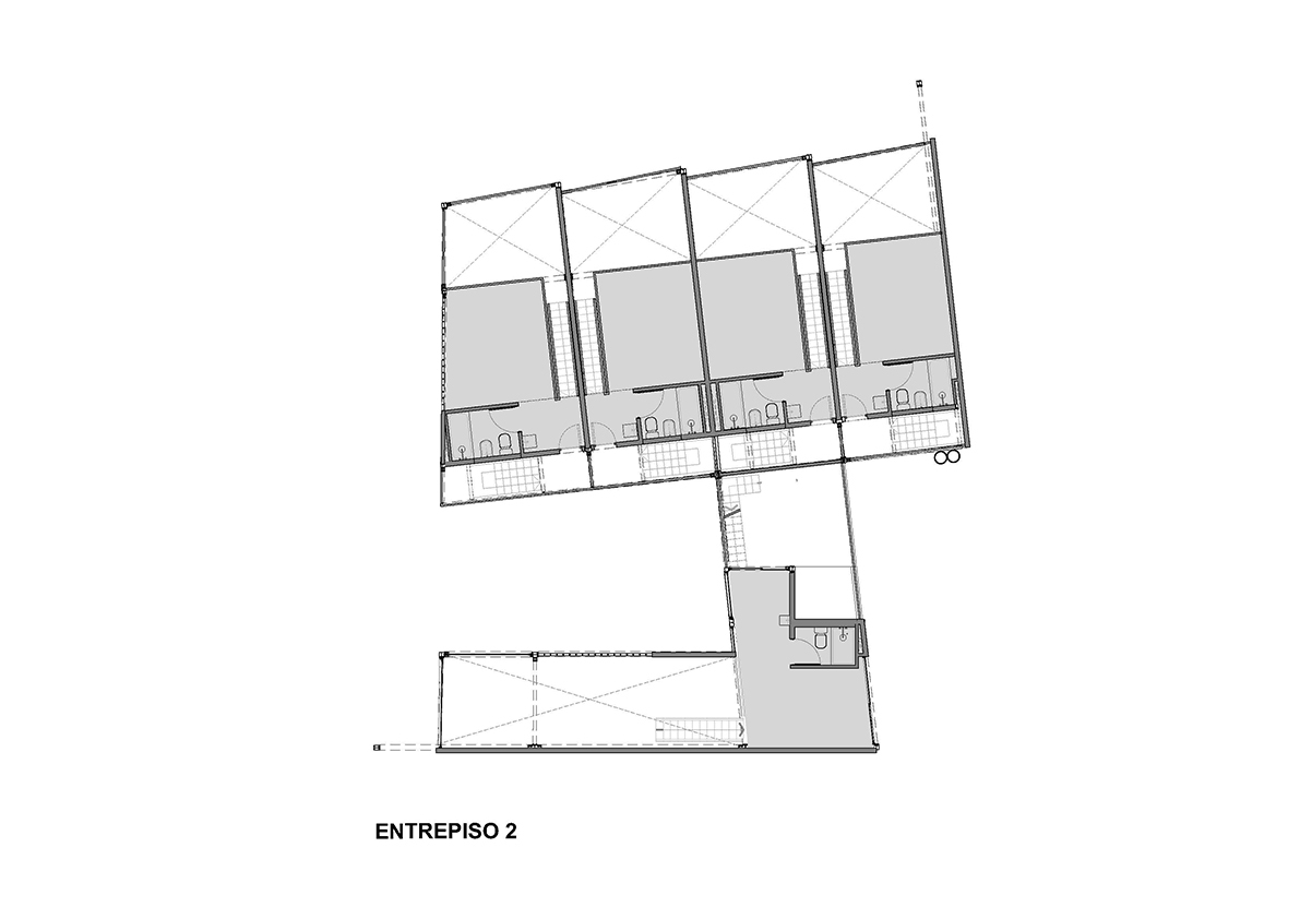 Upper-level floor plan drawing showing four units with exposed cross-bracing and central stair connection