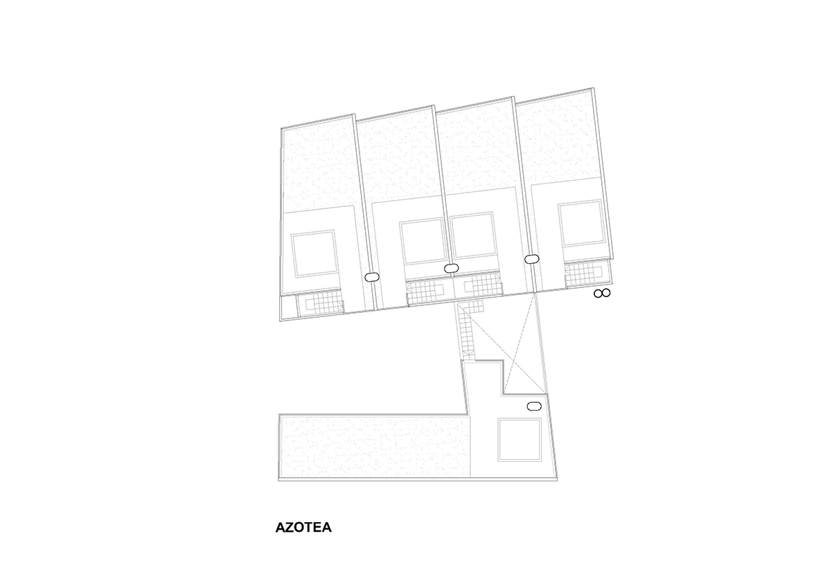 Roof-level plan drawing showing four terrace areas with stairs and service elements around the central core