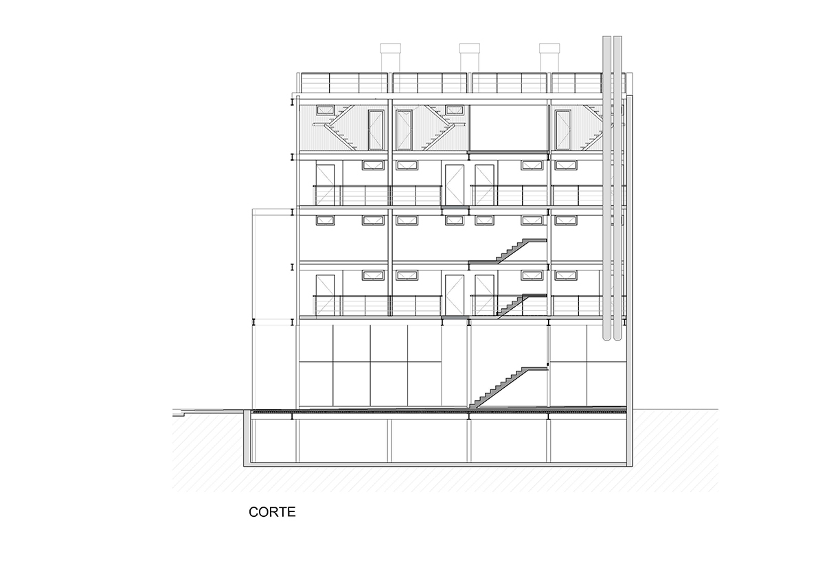 Building section drawing revealing four stacked floors with stairs connecting the multi-level residential volumes