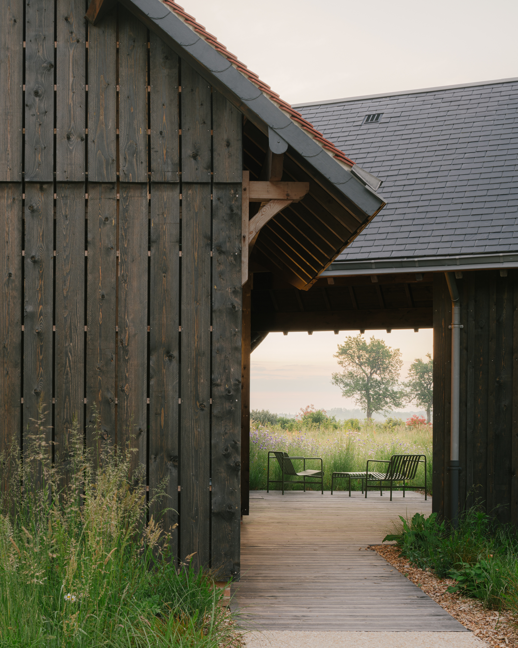Timber-clad passageway framing a view of green chairs and wildflower meadow beyond