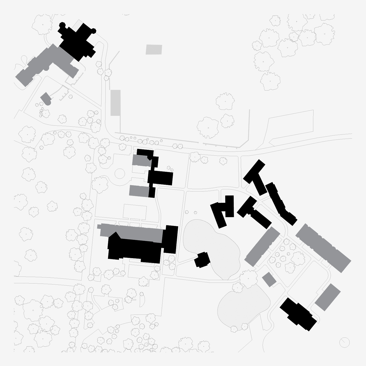Site plan drawing showing scattered buildings and pathways with tree canopy outlines