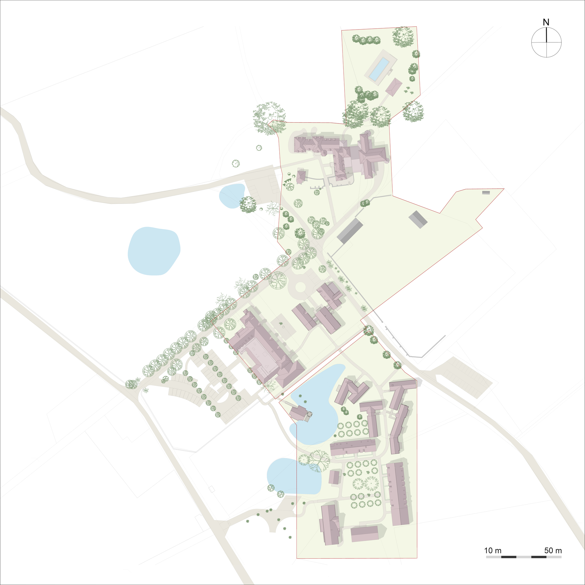 Rendered site plan showing building clusters with water bodies and landscaped areas with north arrow