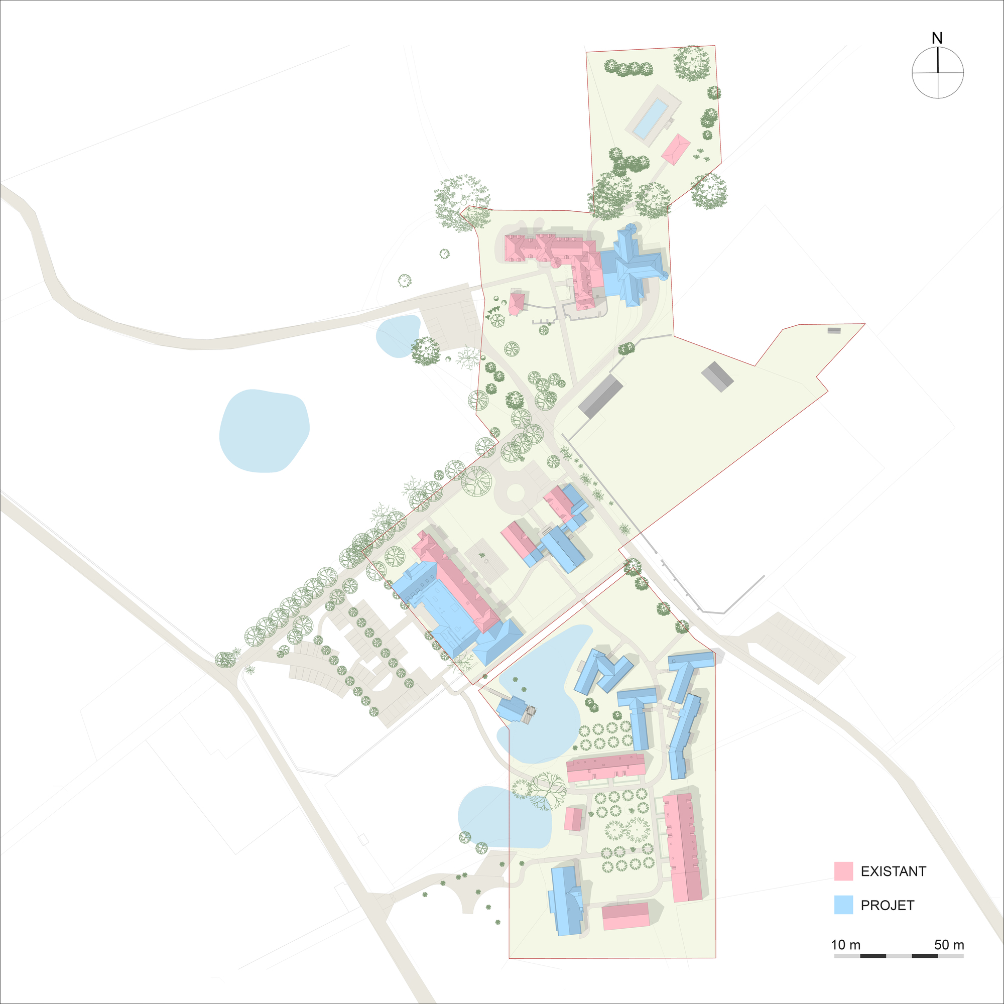 Site plan drawing showing a campus layout with existing and proposed buildings marked in pink and blue