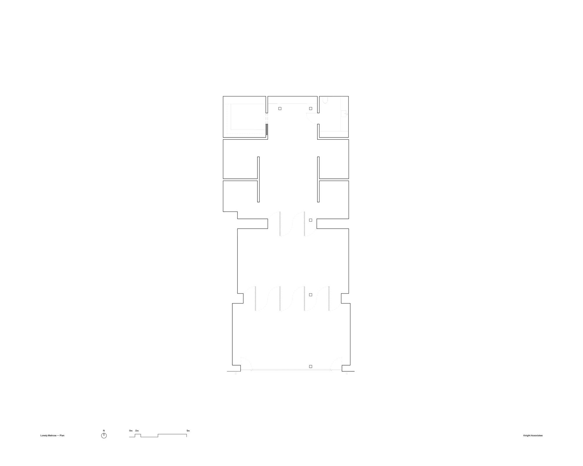 Floor plan drawing showing rectangular layout with rooms arranged around central circulation spaces