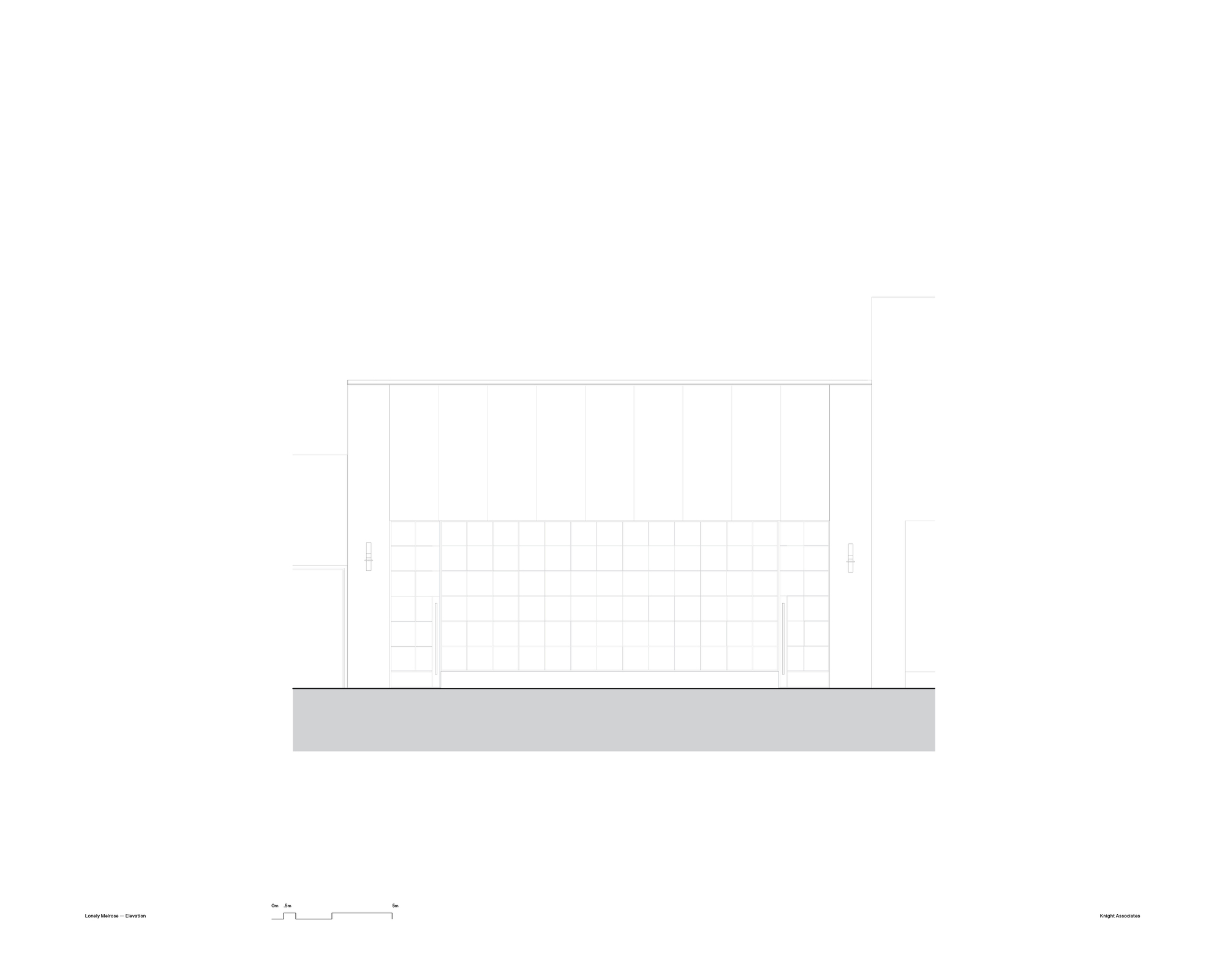 Elevation drawing depicting facade with latticed screen pattern above solid base plinth