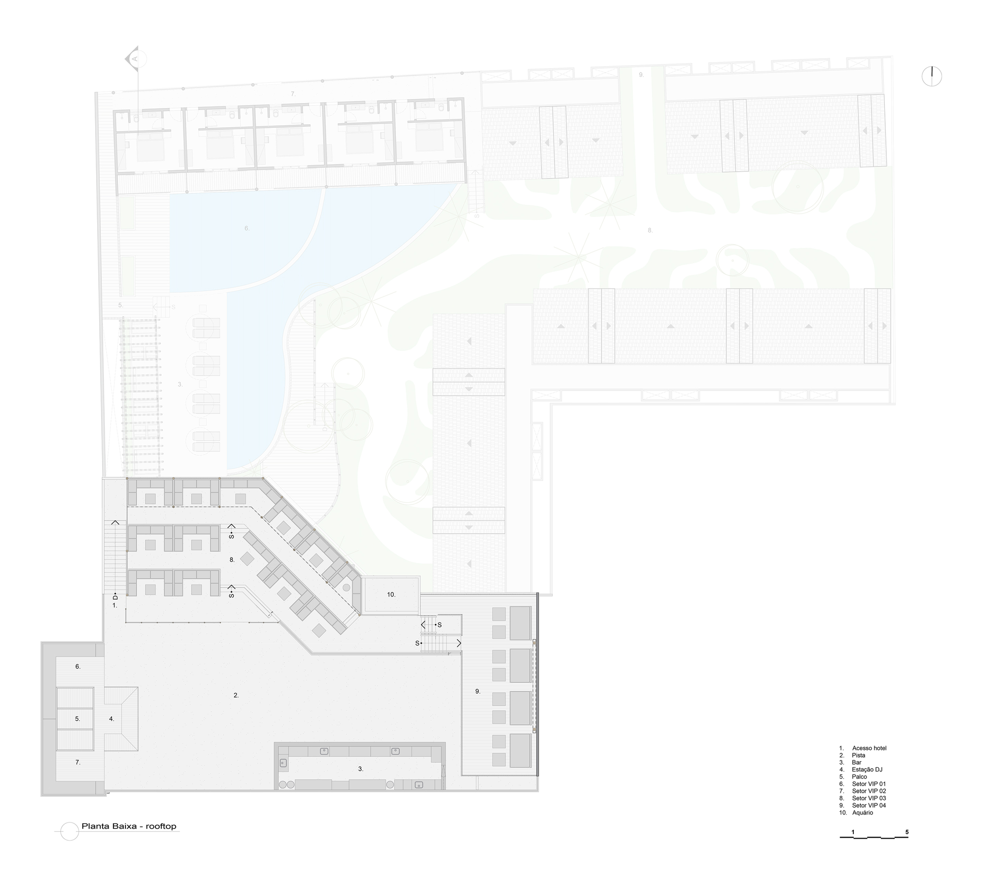 Floor plan drawing showing rooftop bar with angled seating rows and service areas