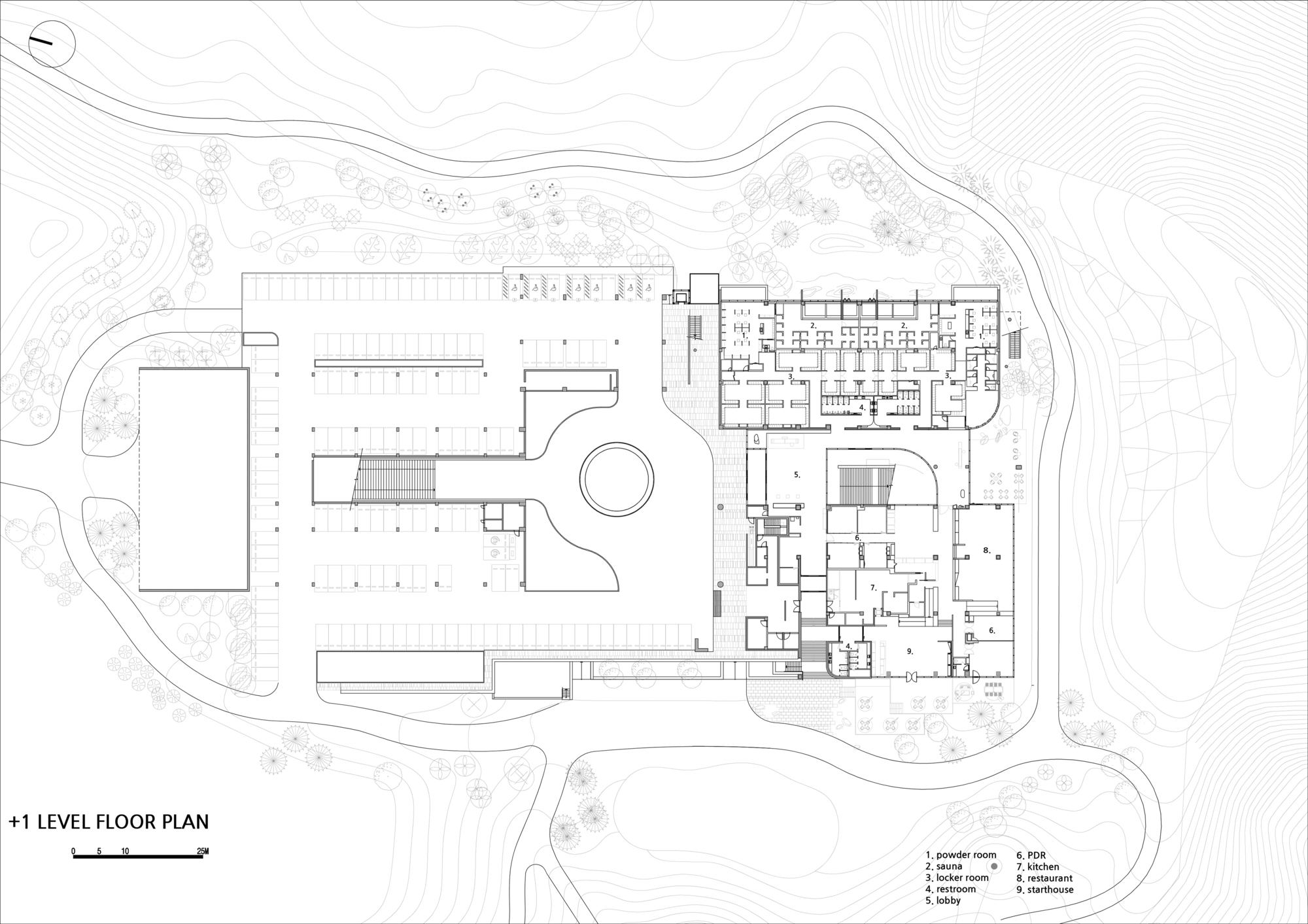 Level plus one floor plan drawing showing the main level with central courtyard and surrounding program zones