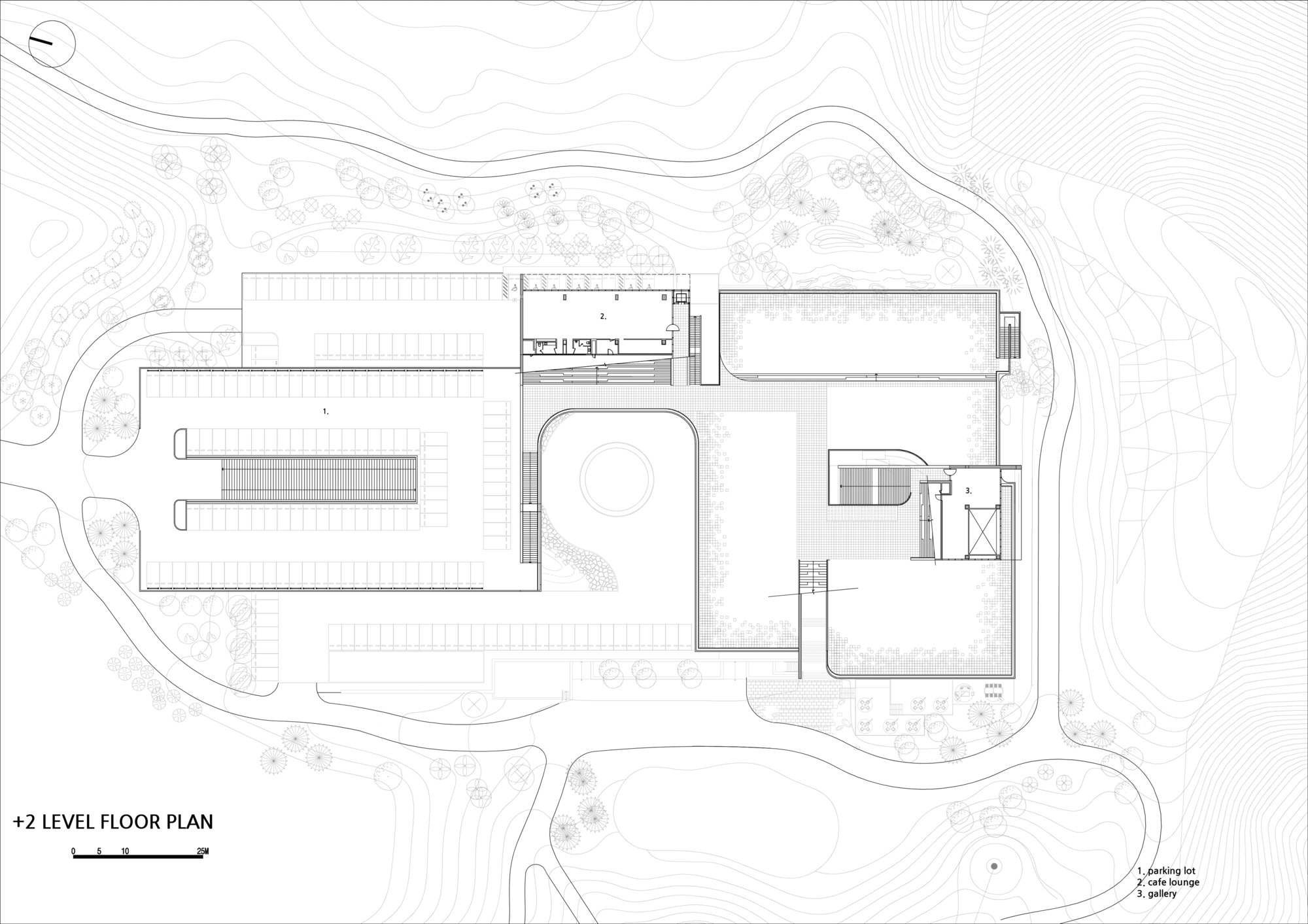 Level plus two floor plan drawing showing the upper level with roof terraces and reduced building footprint