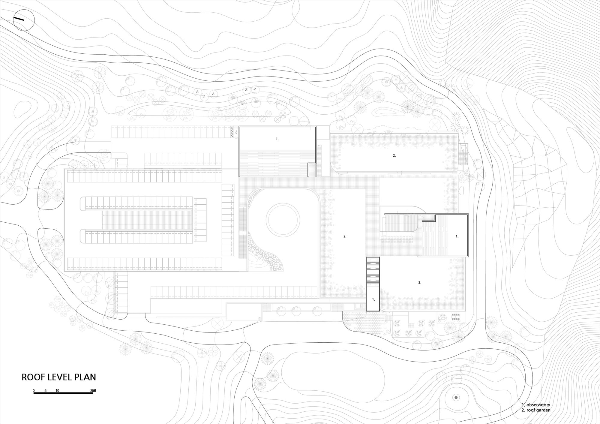 Roof level plan drawing showing clustered volumes with a central circular element set into undulating topography