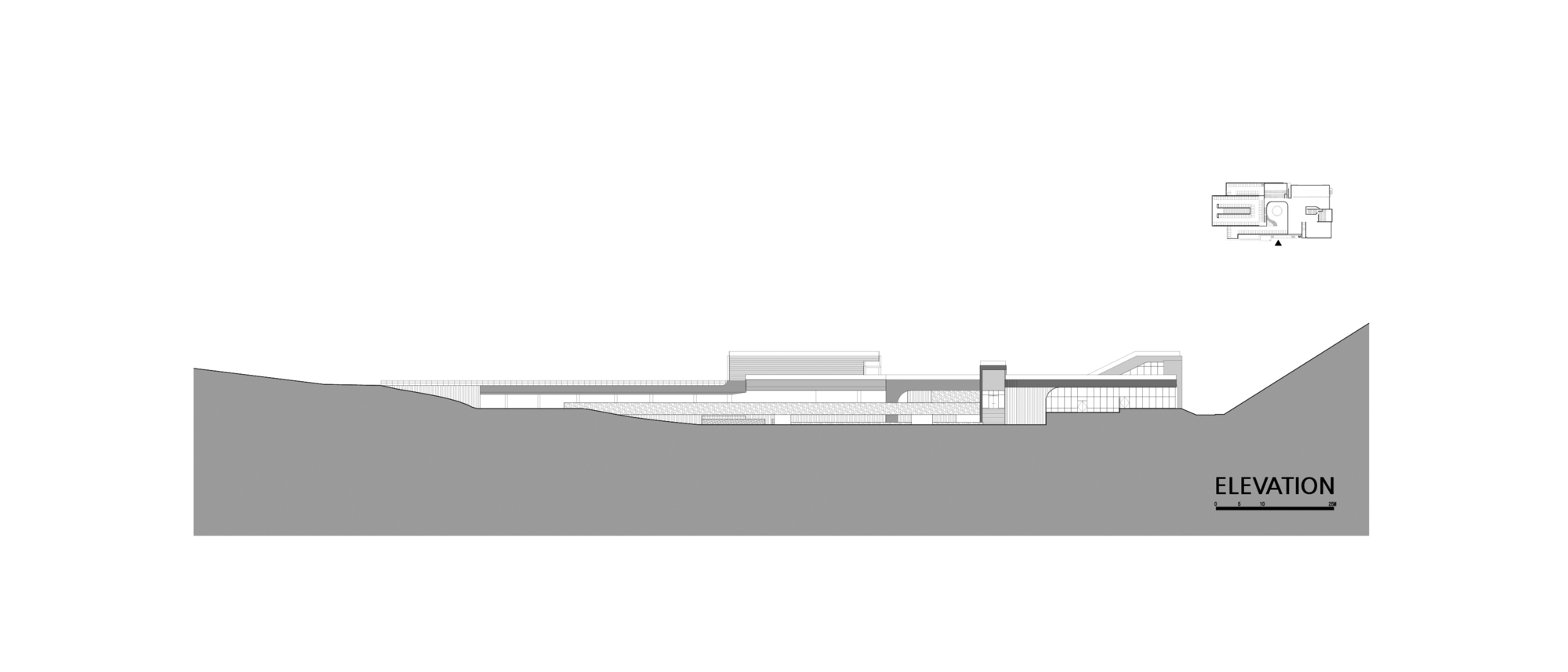 Elevation drawing depicting the low-slung building profile embedded into a sloping hillside