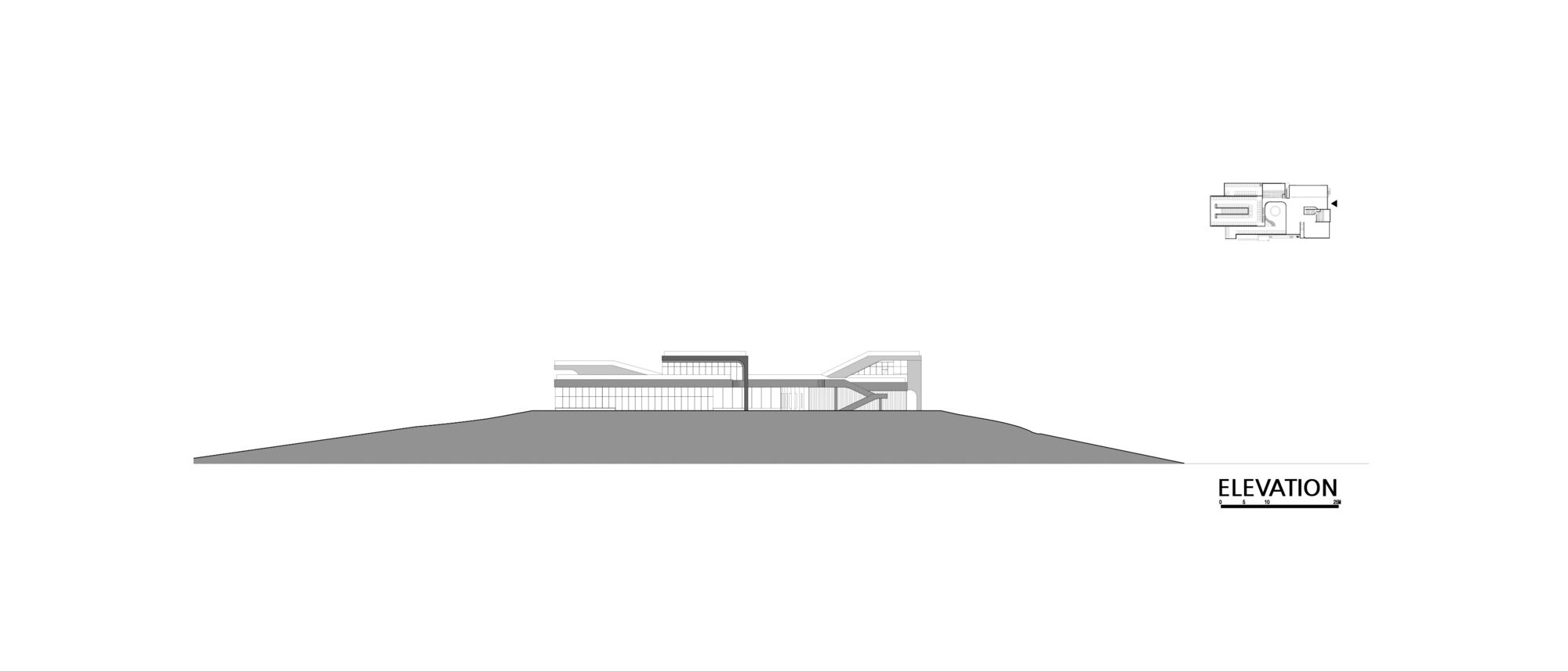 Elevation drawing showing the building nestled into a triangular hillside with varied roof volumes