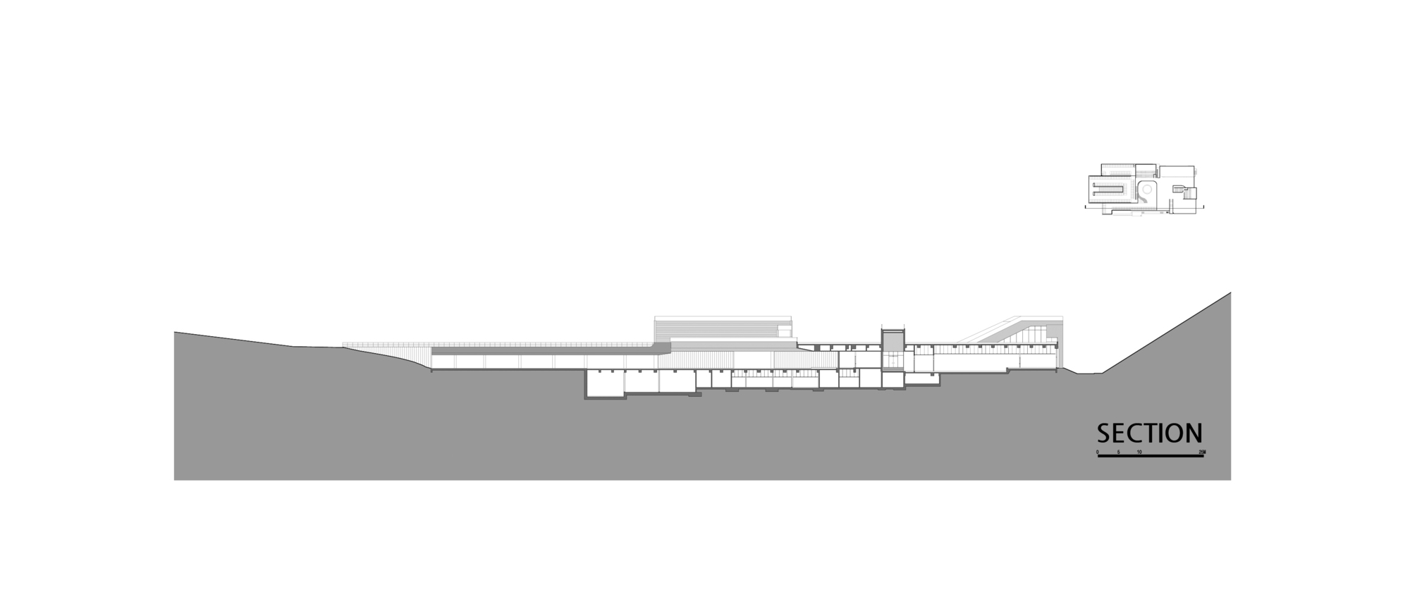 Section drawing revealing interior spaces stepping down through the sloped terrain