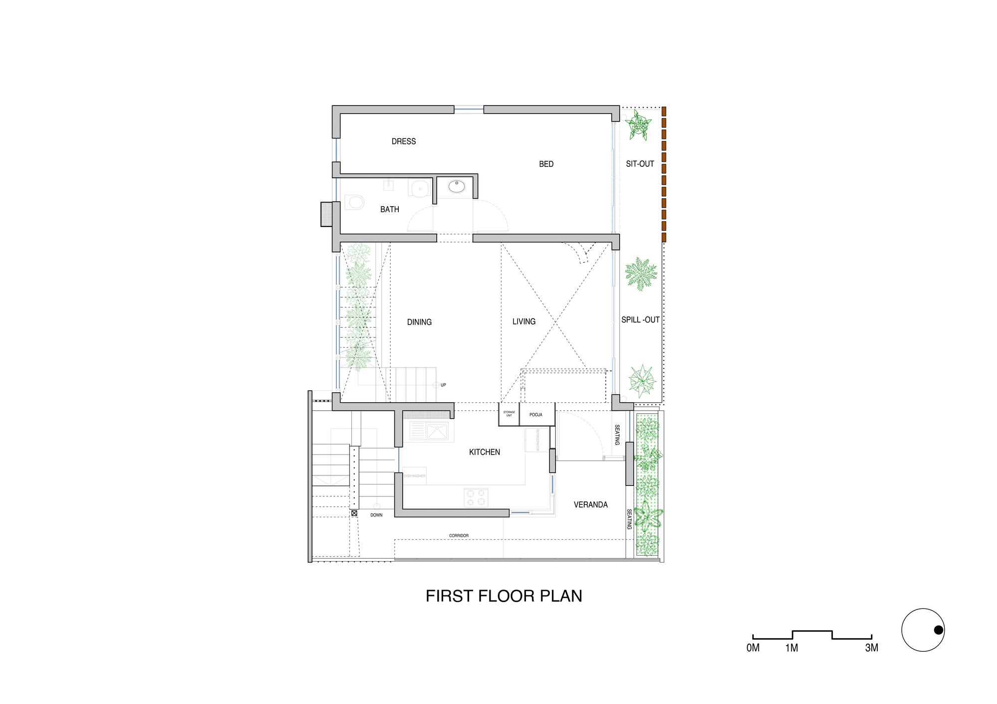 First floor plan drawing showing living, dining, and kitchen spaces with planted edges