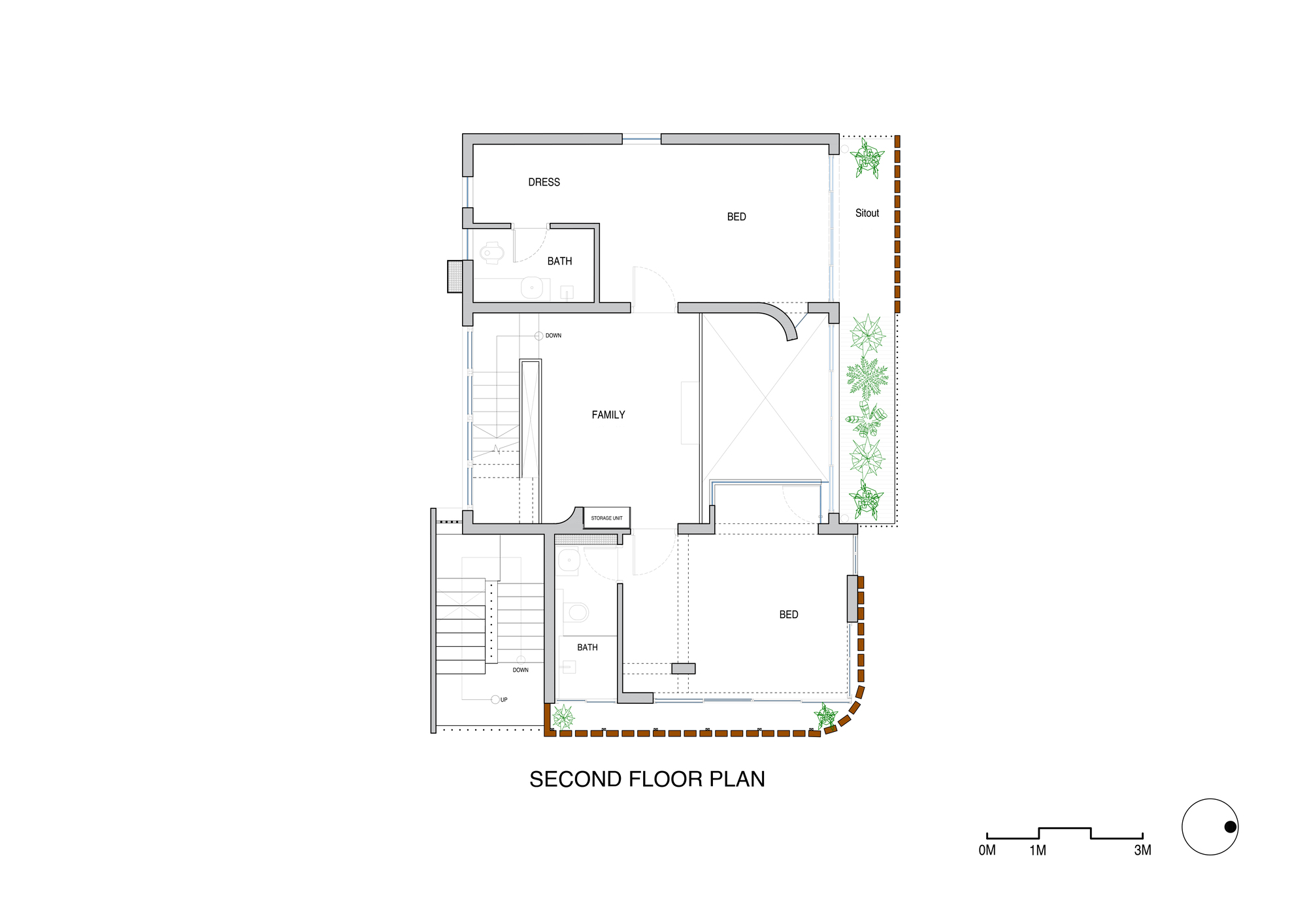 Second floor plan drawing showing bedroom and family room with curved balcony
