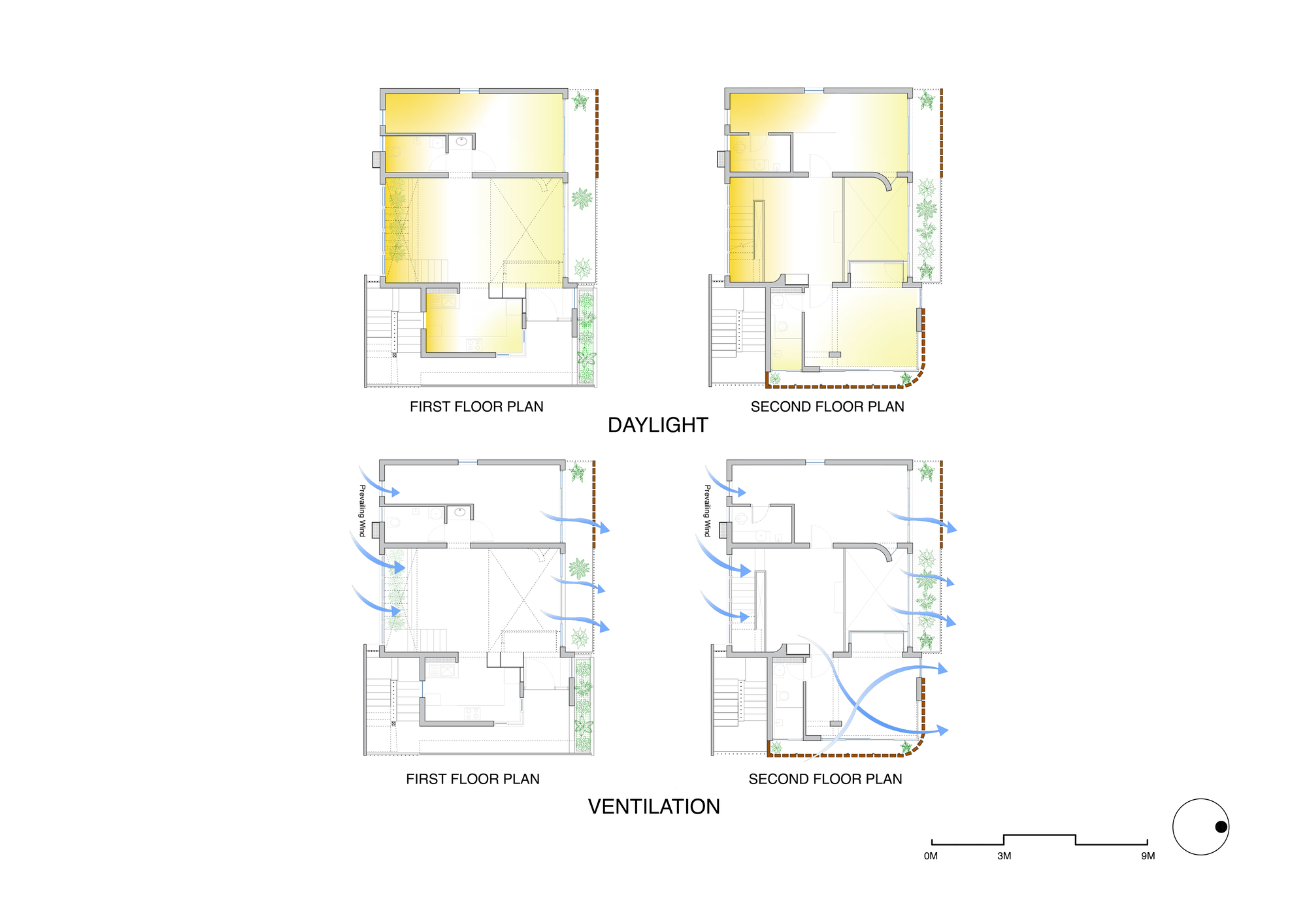 Floor plan drawings showing daylight and ventilation patterns across two residential levels with yellow highlight zones