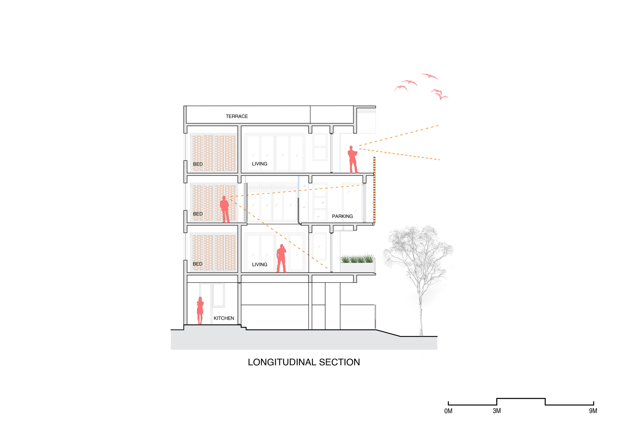 Longitudinal section drawing showing stacked living spaces with red figures and ventilation arrows beside a tree