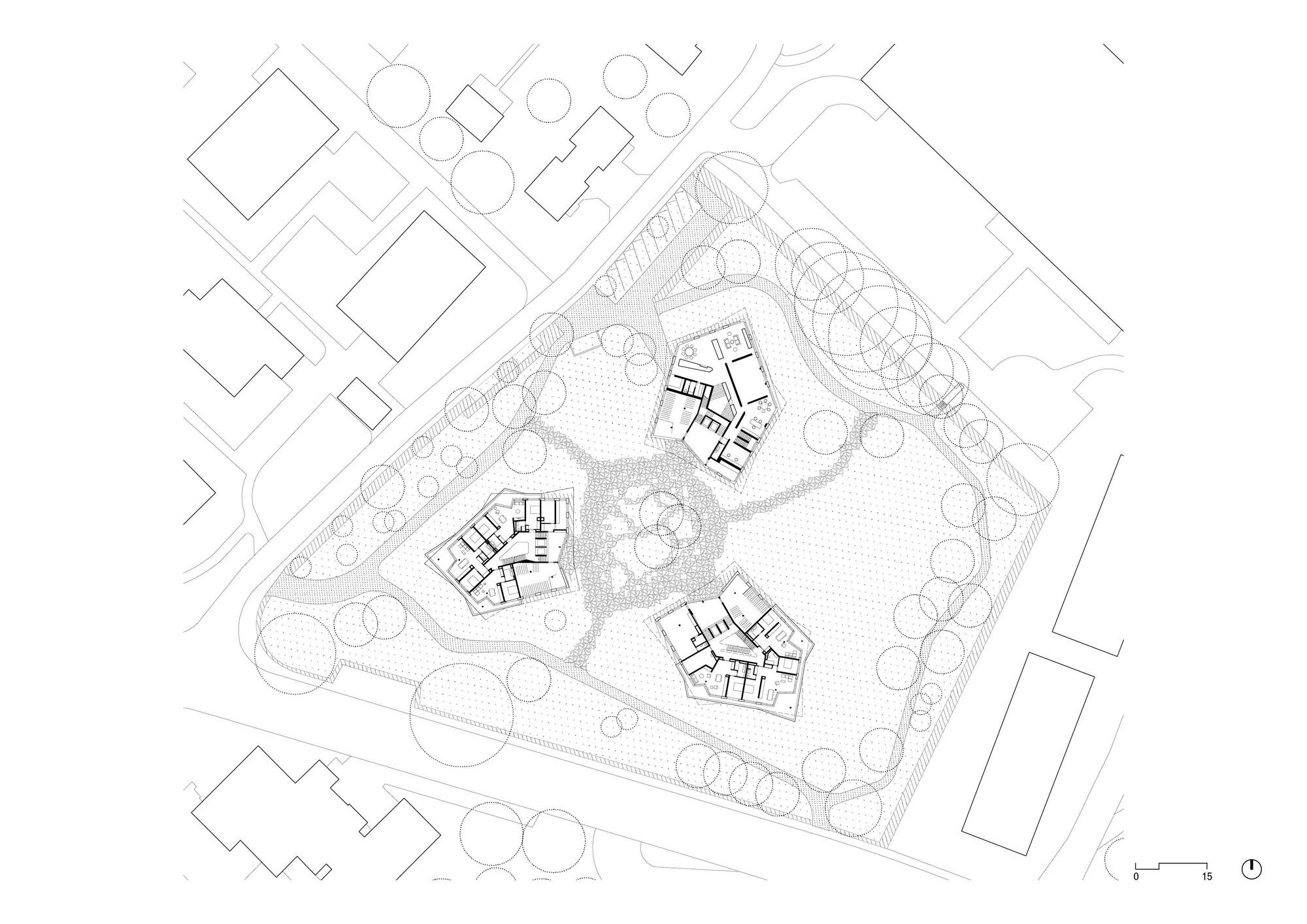 Ground floor site plan drawing showing three pentagonal buildings arranged around landscaped courtyards with tree planting