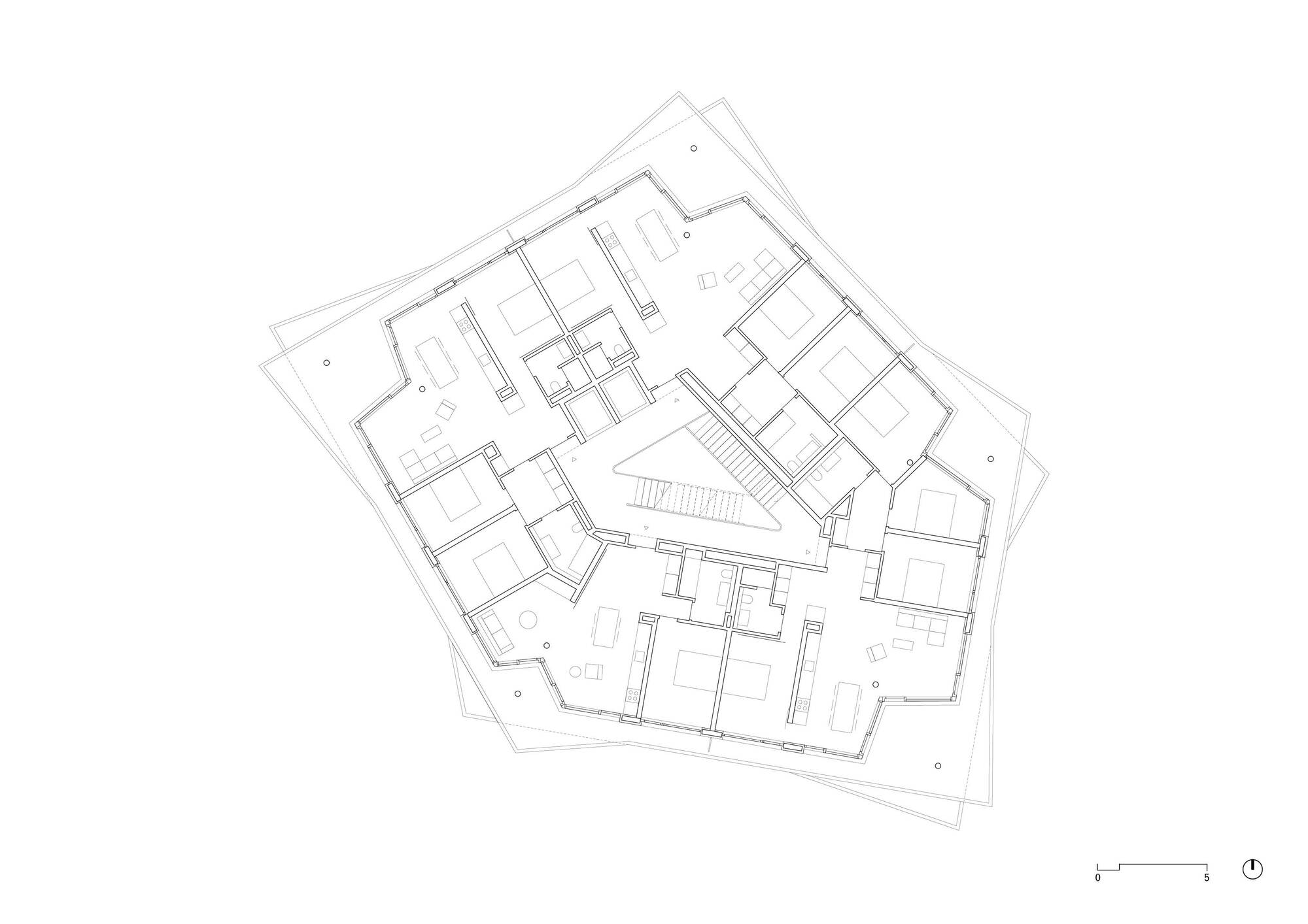 Floor plan drawing of a single pentagonal level with central staircase and residential units arranged around the perimeter