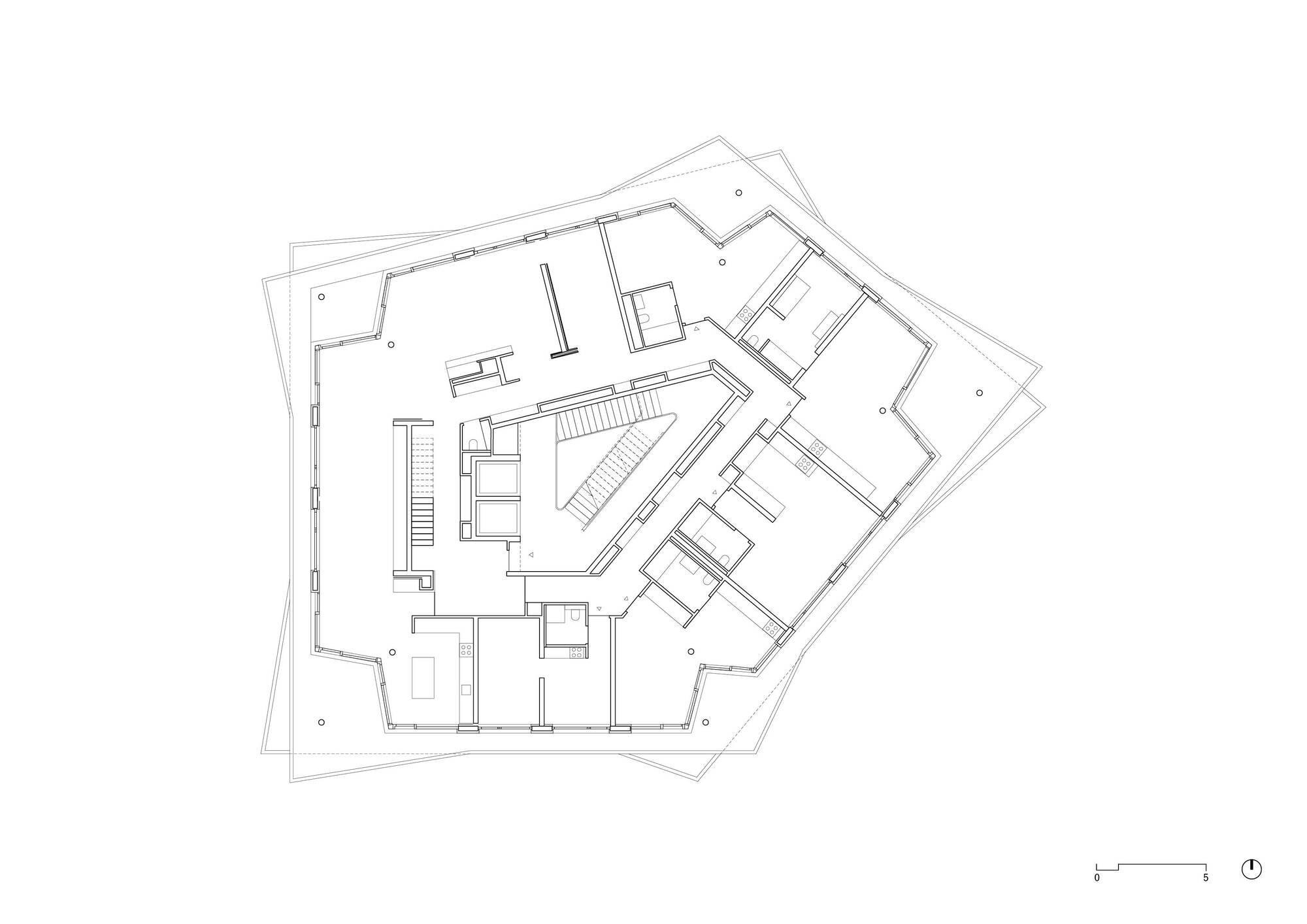 Floor plan drawing of a pentagonal level showing central stairwell and varied apartment layouts with angular walls