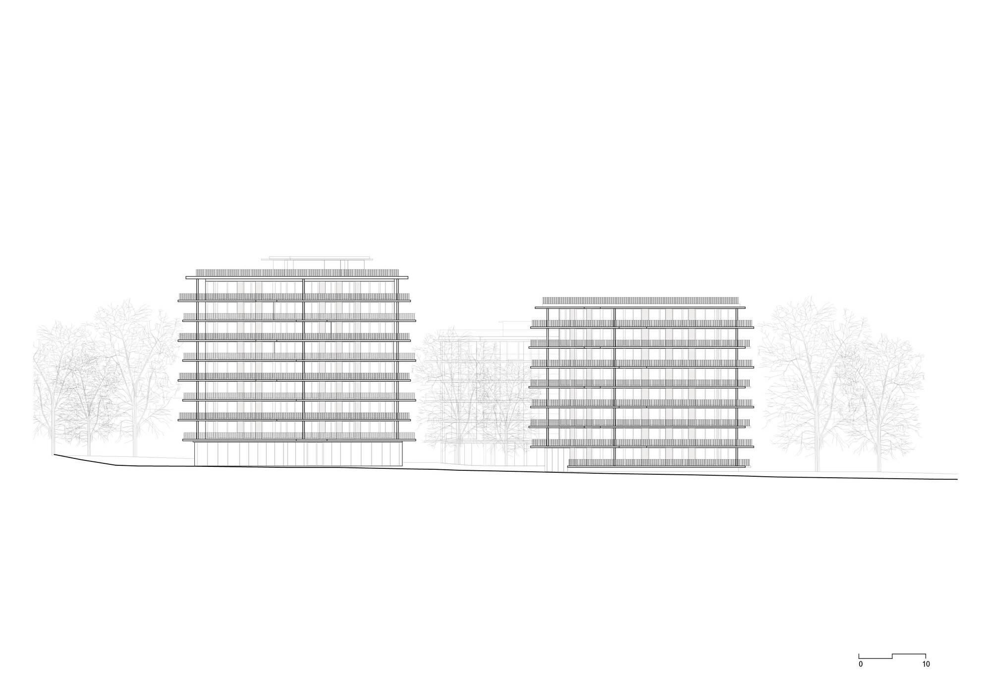 Elevation drawing showing two horizontal banded mid-rise volumes with trees flanking both sides on sloped ground