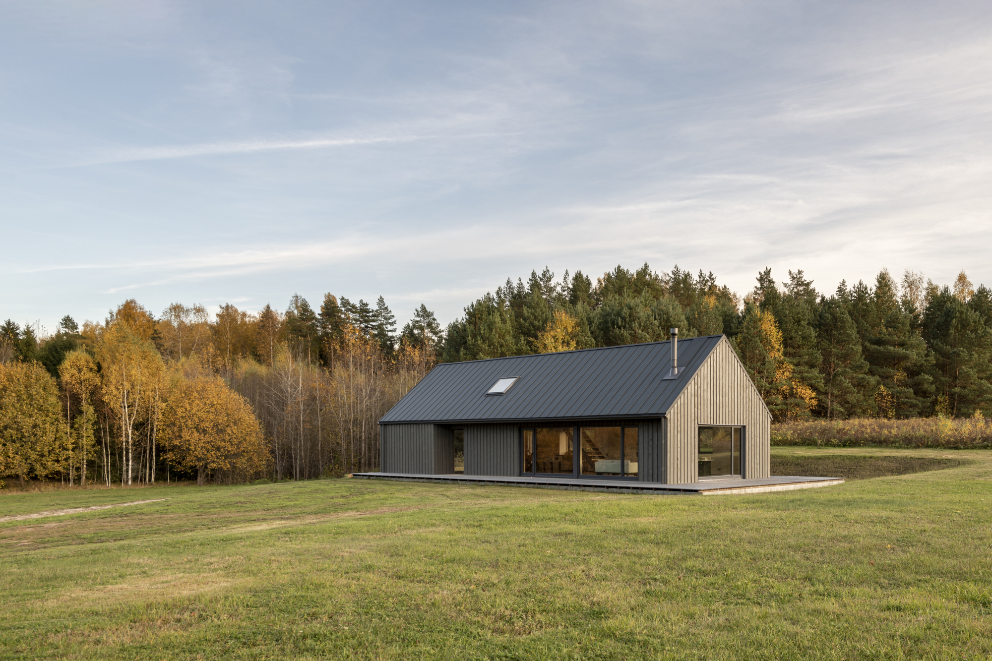 Vertical wood-clad gabled house with dark metal roof on a meadow in autumn light