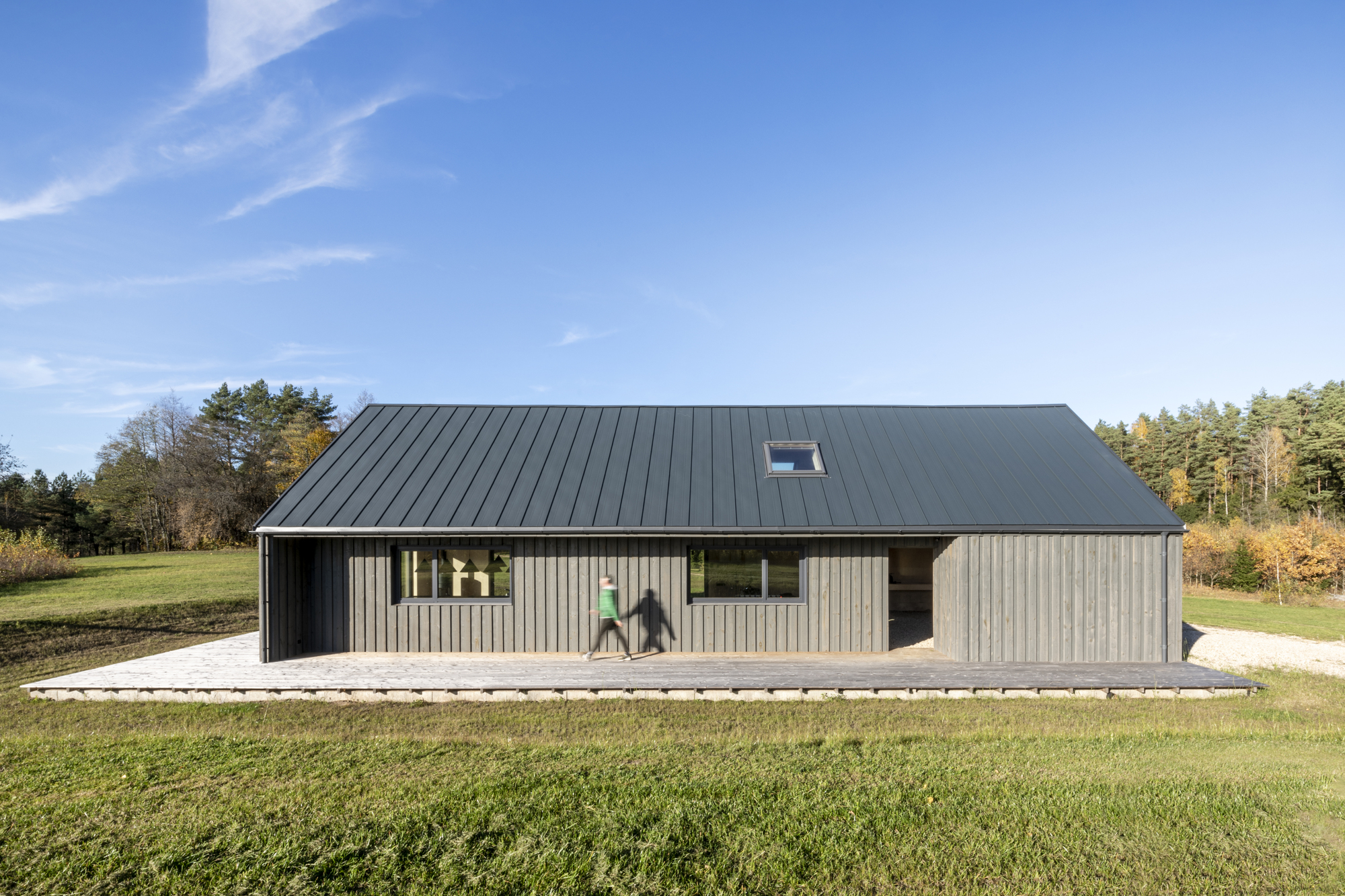 Side elevation with vertical timber cladding and standing-seam metal roof set in an open meadow under clear blue sky