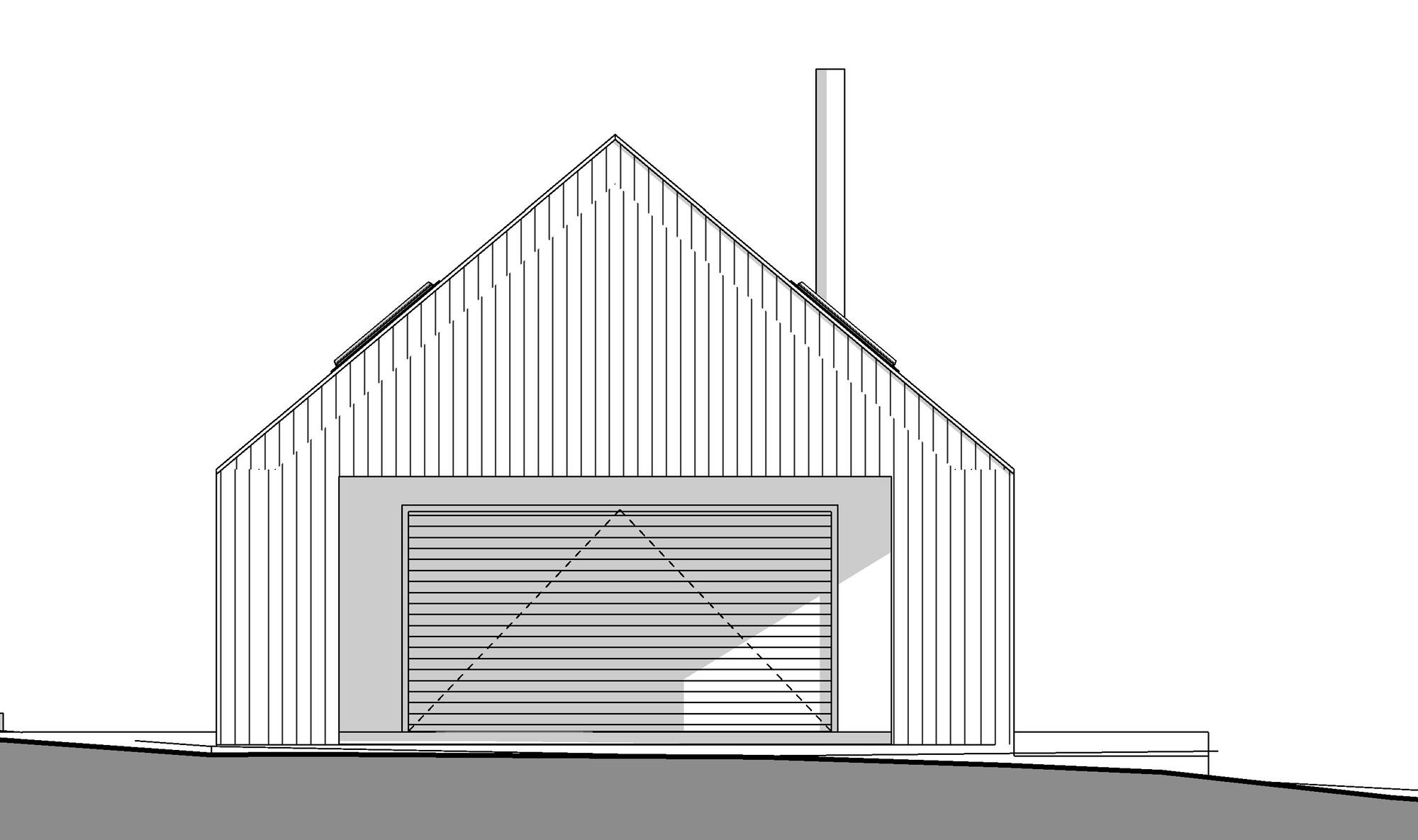 Elevation drawing showing a gabled volume with vertical siding and a recessed opening with horizontal louvers