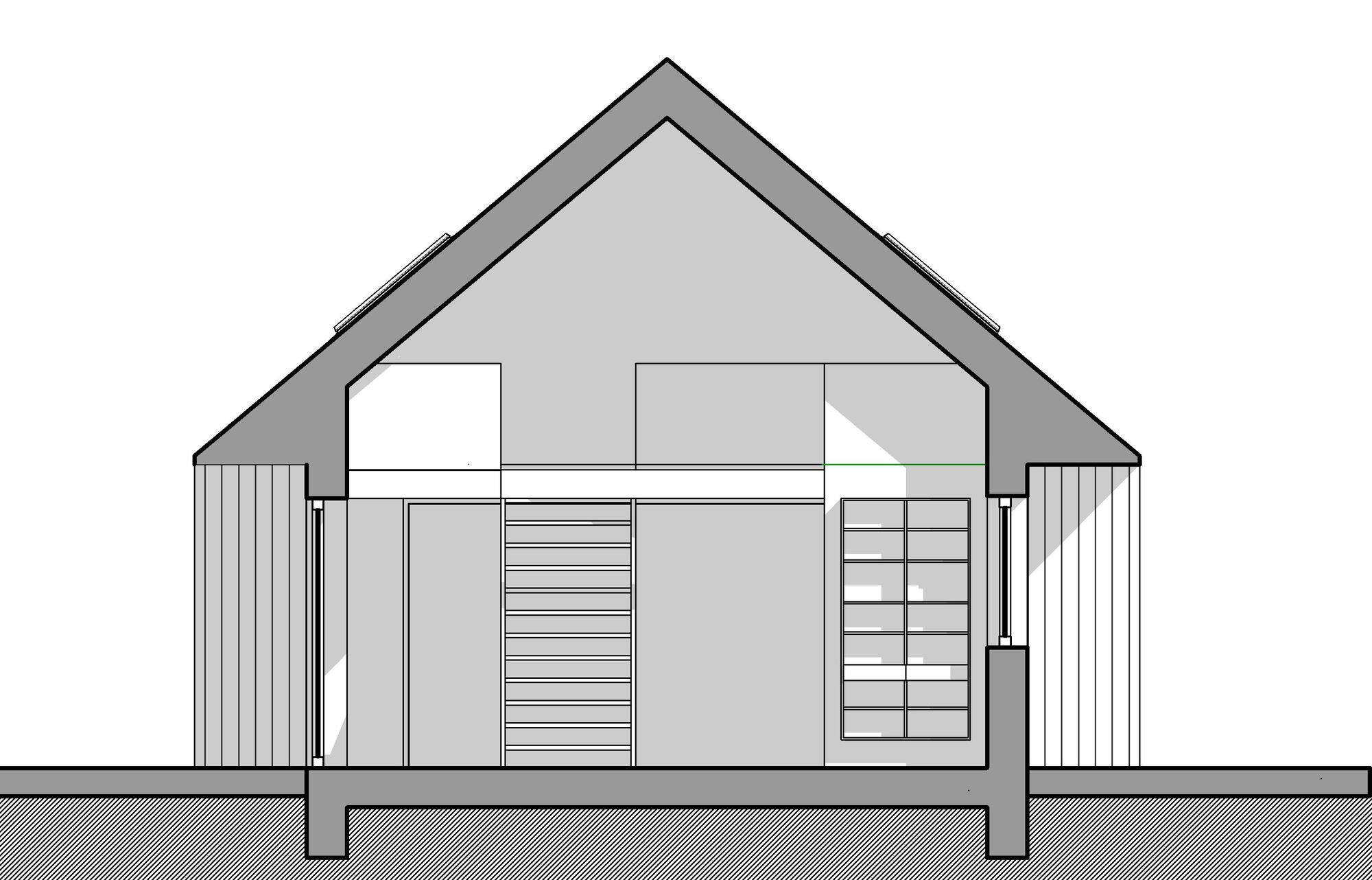 Section drawing revealing interior spaces beneath the pitched roof with a stair and partial mezzanine level