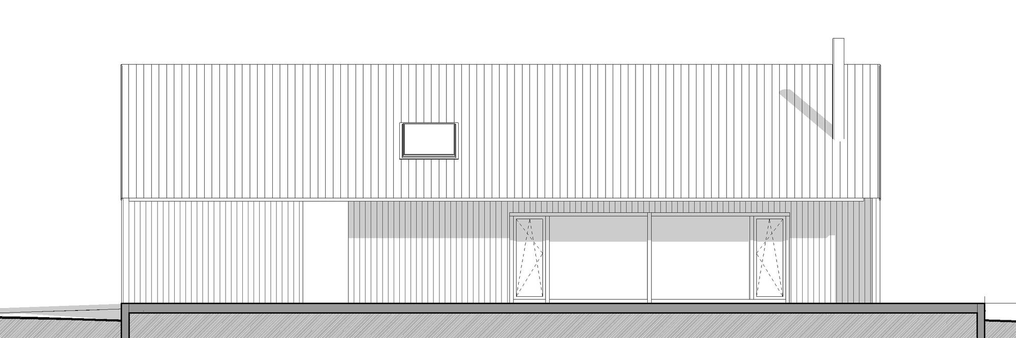 Elevation drawing of the long facade with vertical cladding and three window openings below a clerestory